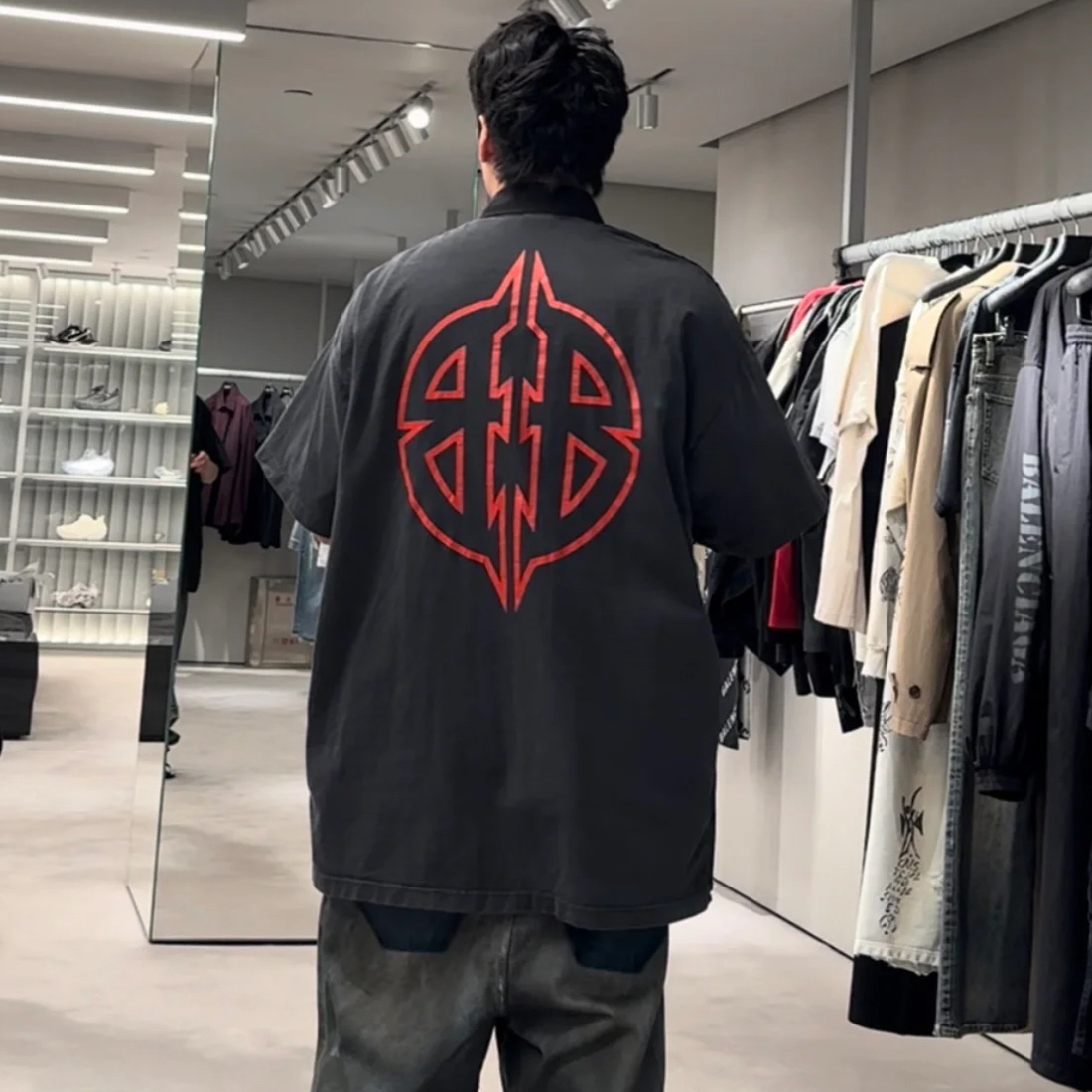 NIGO Balenciaga Men's Summer Black Raw Edge Aged Washed Single Breasted Short Sleeve Shirt #nigo99993