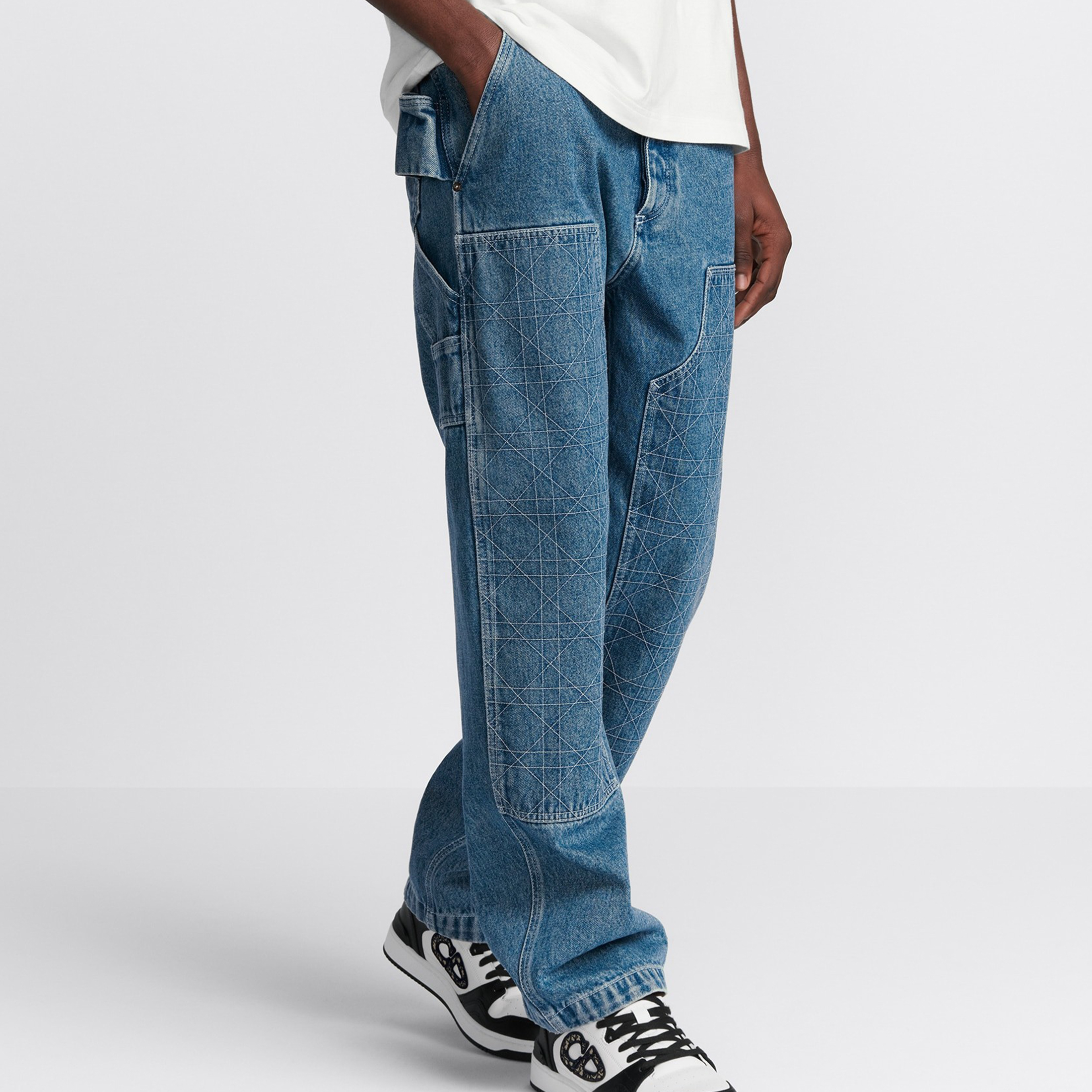 NIGO Dior Men's Seasonal Blue Cotton Plaid Line Workwear Jeans Casual Fashion Straight Leg Pants #nigo71294