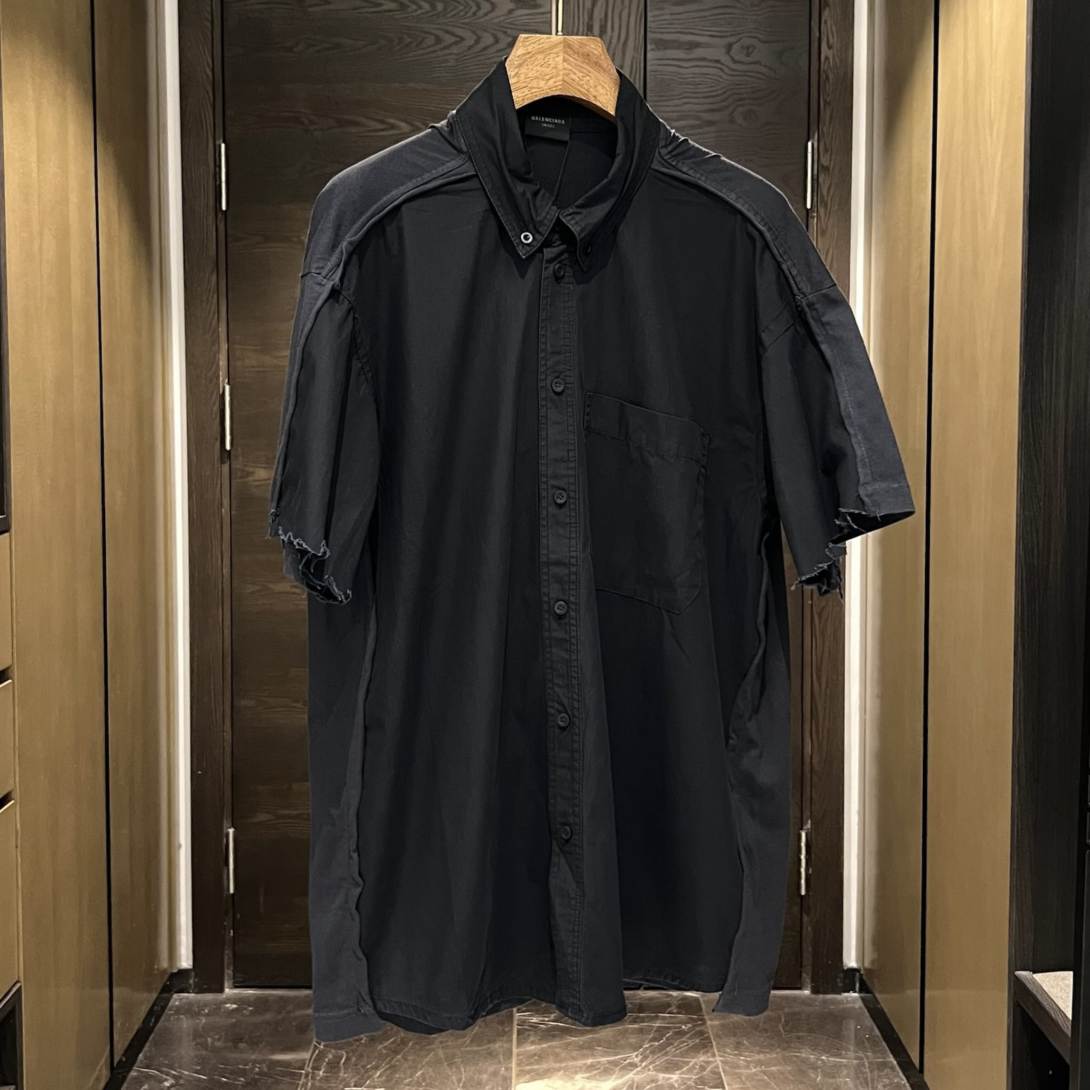 NIGO Balenciaga Men's Summer Black Raw Edge Aged Washed Single Breasted Short Sleeve Shirt #nigo99993