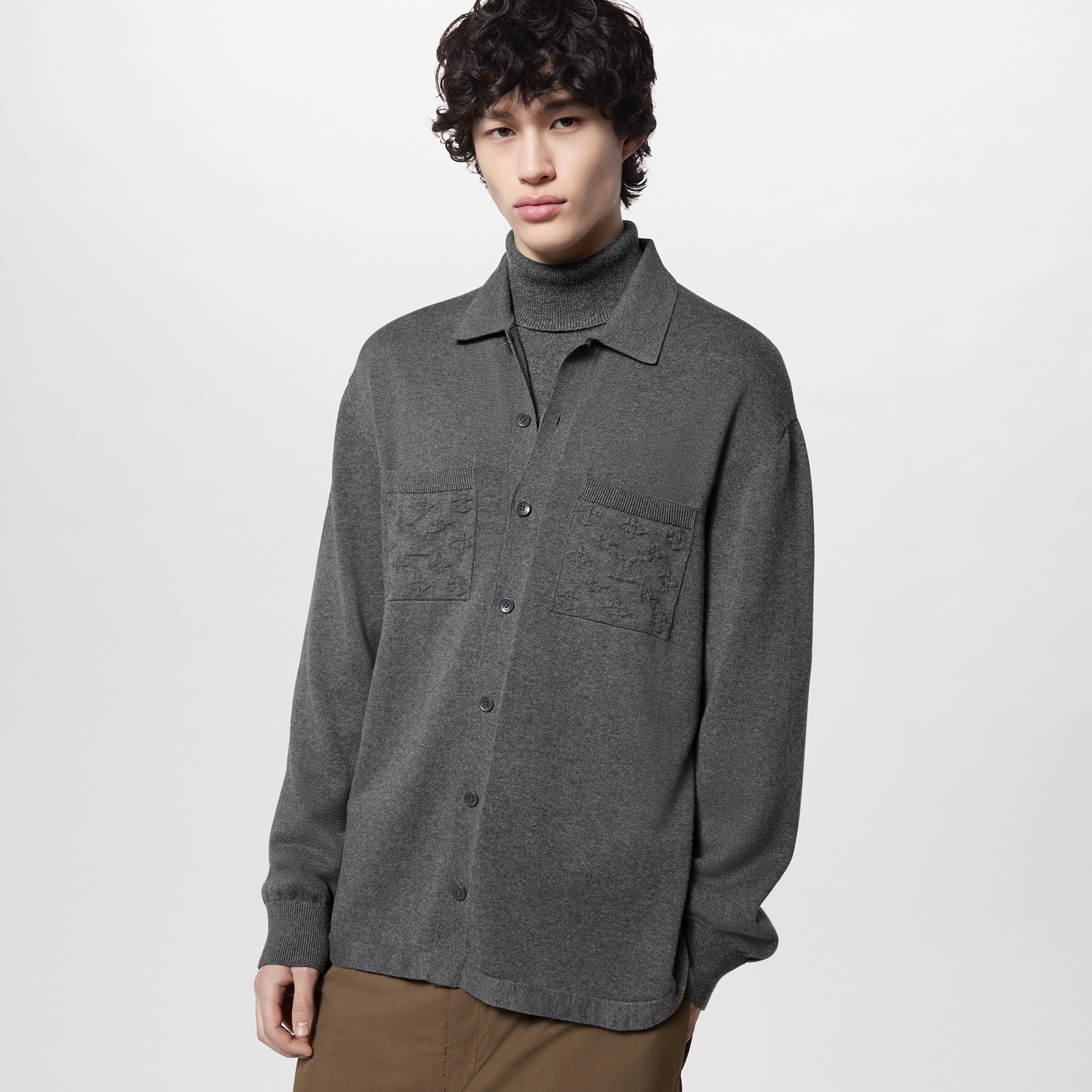 NIGO Louis Vuitton Men's Spring/Autumn Gray Logo Appliquéd Single Breasted Long Sleeve Knit Shirt #nigo72115