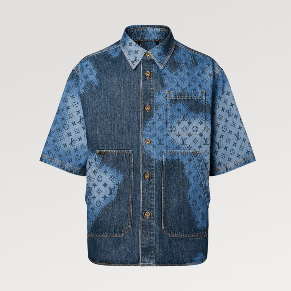 NIGO Louis Vuitton Men's Summer Blue Letter All Over Print Single Breasted With Short Sleeve Denim Jacket Style Shirt #nigo72124