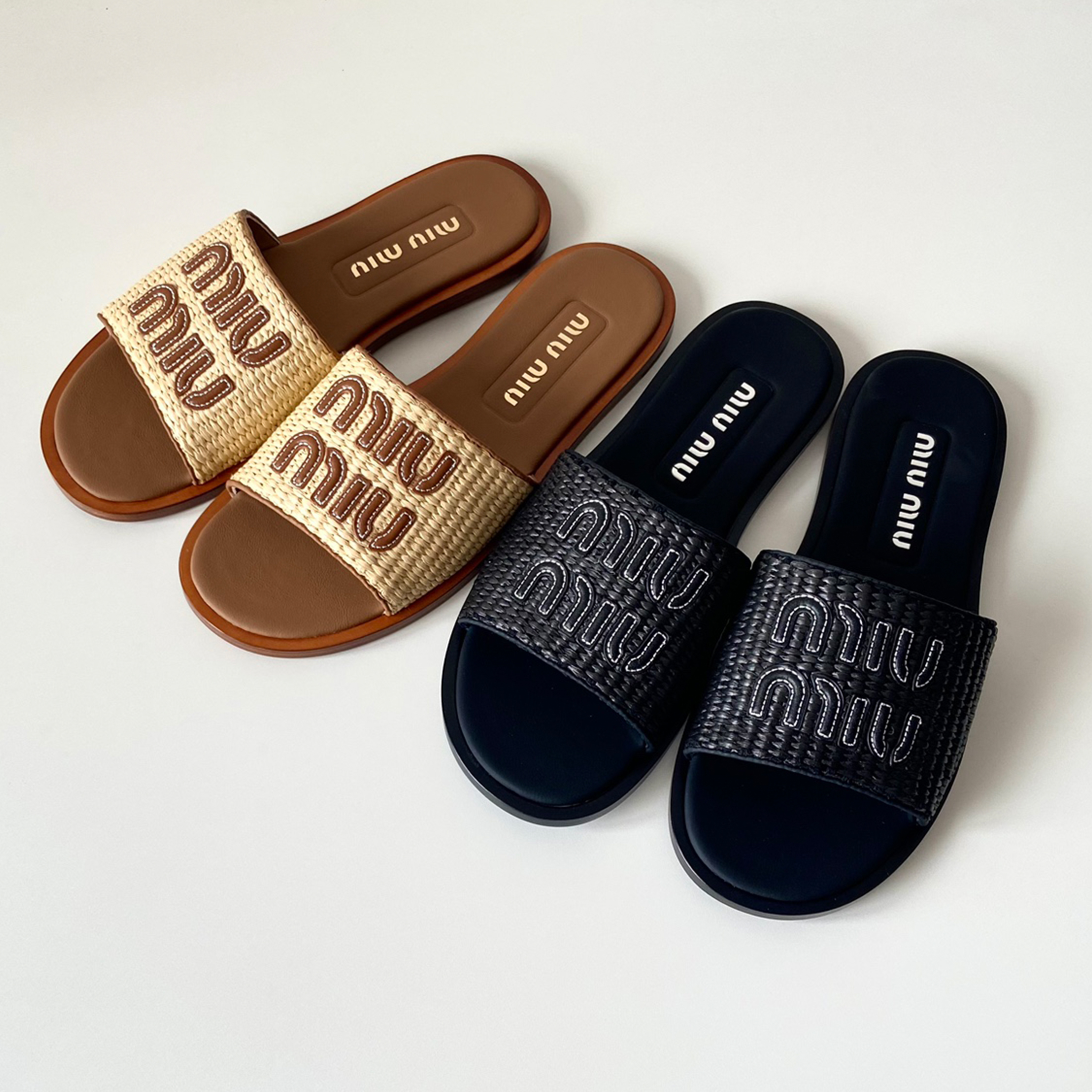 NIGO MiuMiu Women's Summer Gold Logo Fashion Trend Casual Shoes Woven Sandals Comfortable Slippers #nigo71298
