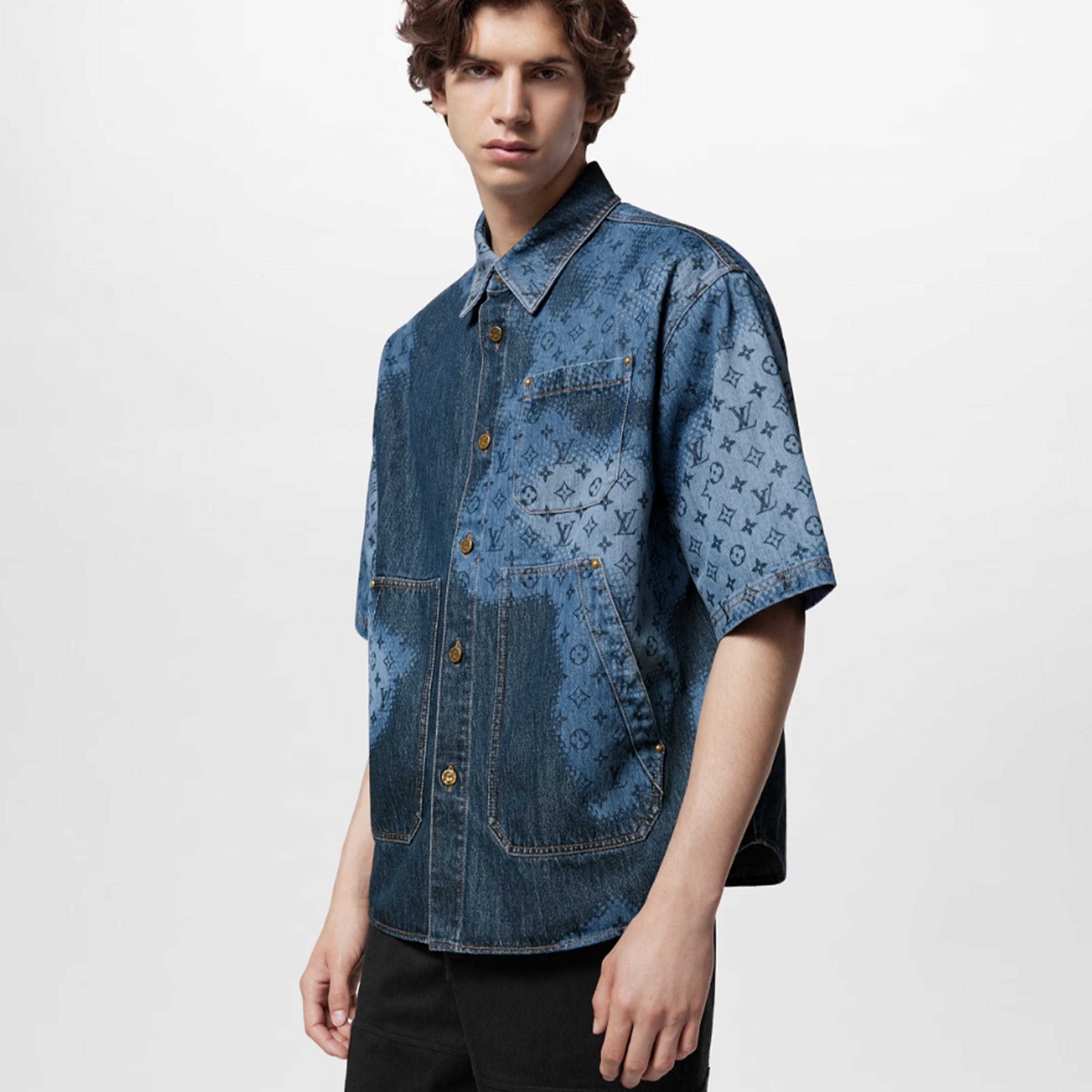 NIGO Louis Vuitton Men's Summer Blue Letter All Over Print Single Breasted With Short Sleeve Denim Jacket Style Shirt #nigo72124