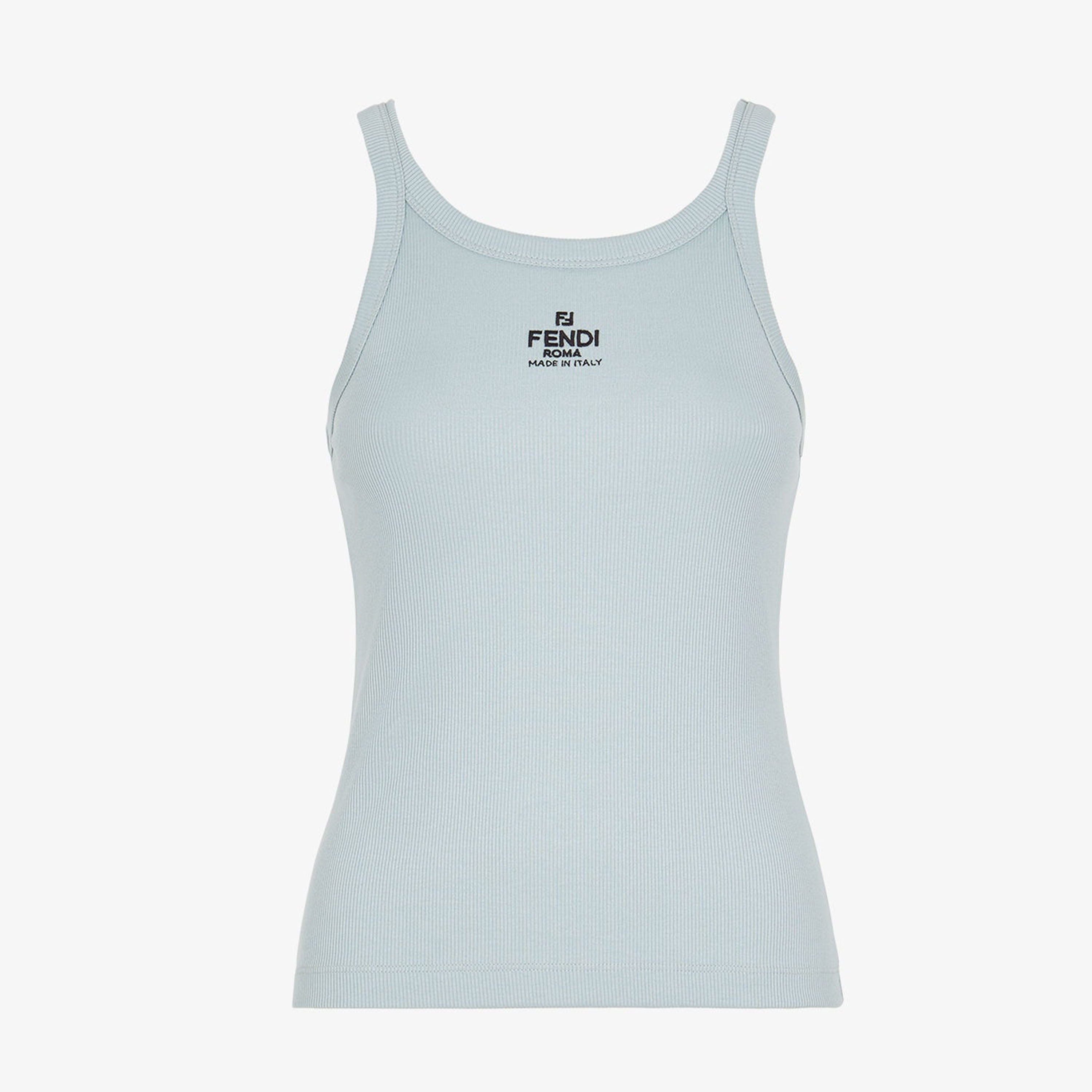 NIGO Fendi Women's Spring Summer Light Blue Cotton Top Black Embroidery Sleeveless Slimming Camisole Tank Top Vest #nigo72134