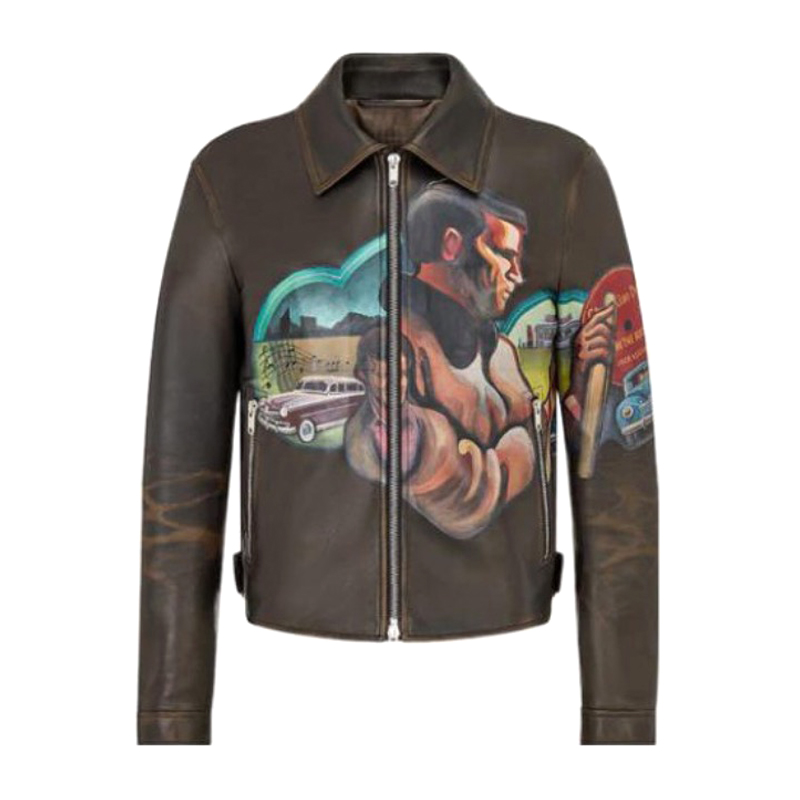 NIGO Dior Men's Fall/Winter Character Print Brown Zipper Lapel Leather Jacket #nigo72144