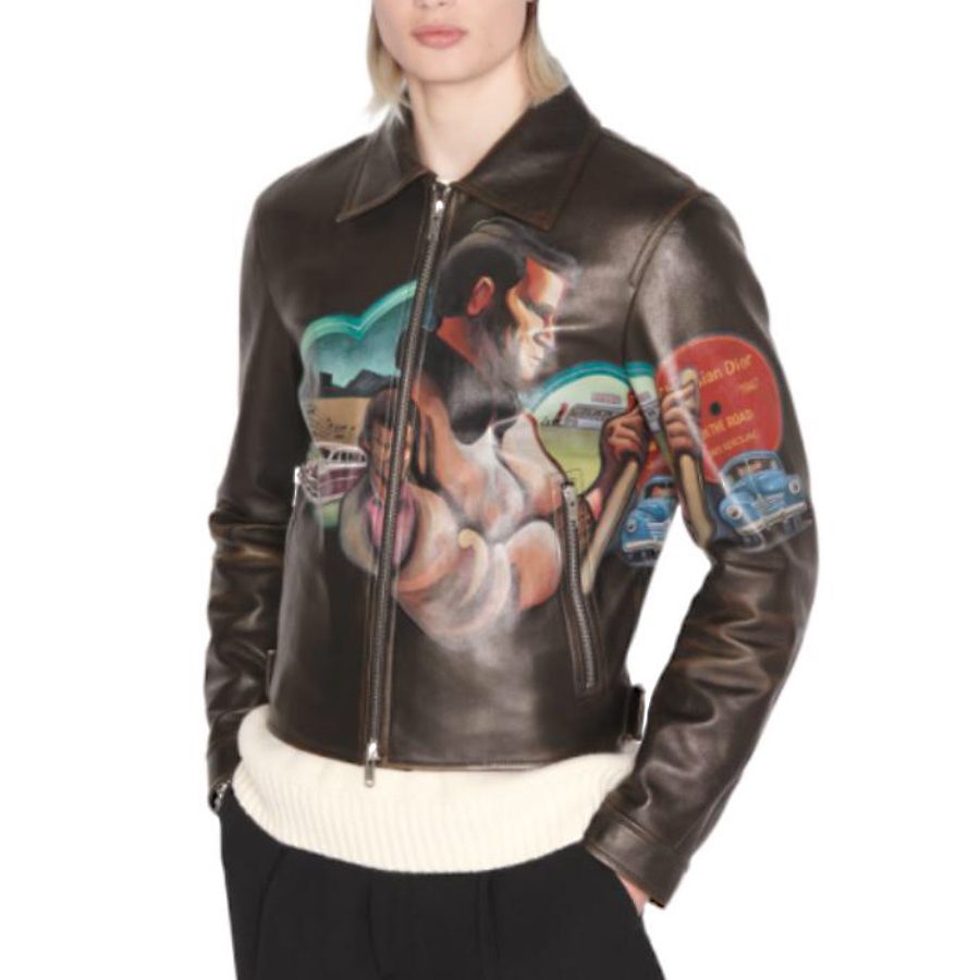 NIGO Dior Men's Fall/Winter Character Print Brown Zipper Lapel Leather Jacket #nigo72144