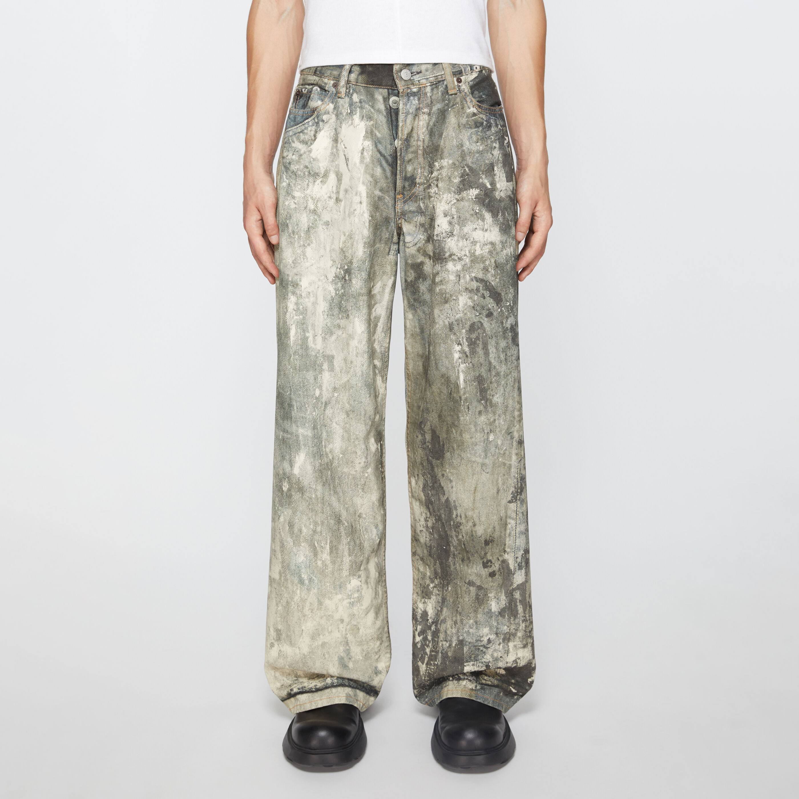 NIGO Acne Studios Men's Fall/Winter Ink Splash Print Low Rise Wide Leg Loose Button Jeans Pants #nigo72142