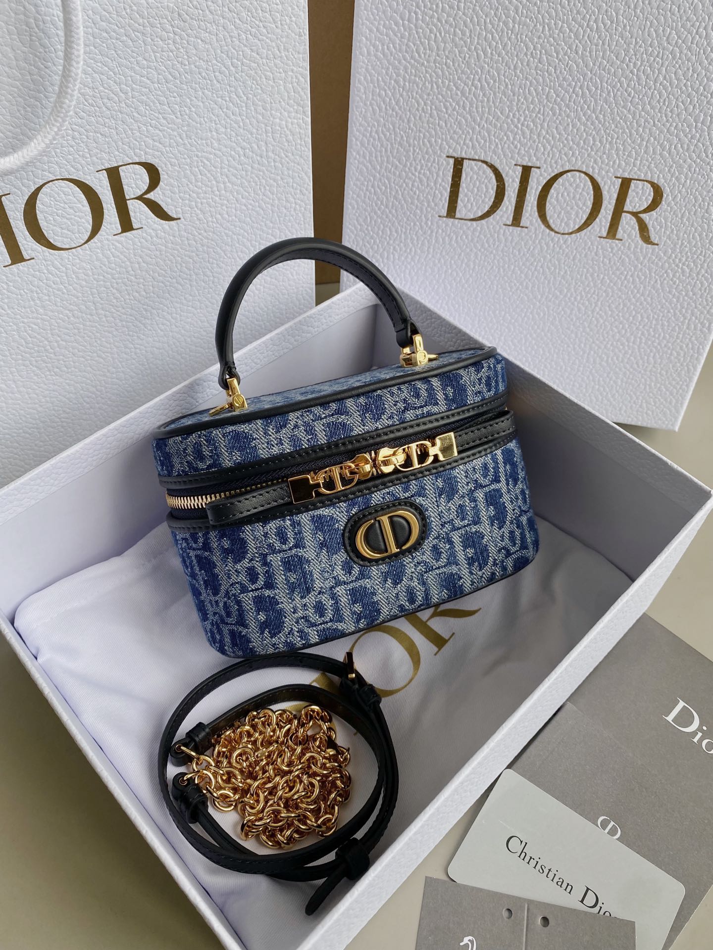 NIGO Dior 30 Montaigne Mini Vanity Women's Blue Adjustable Removable CD Zipper Closure Oblique Jacquard Tote Shoulder Crossbody Bag Bags #nigo72159