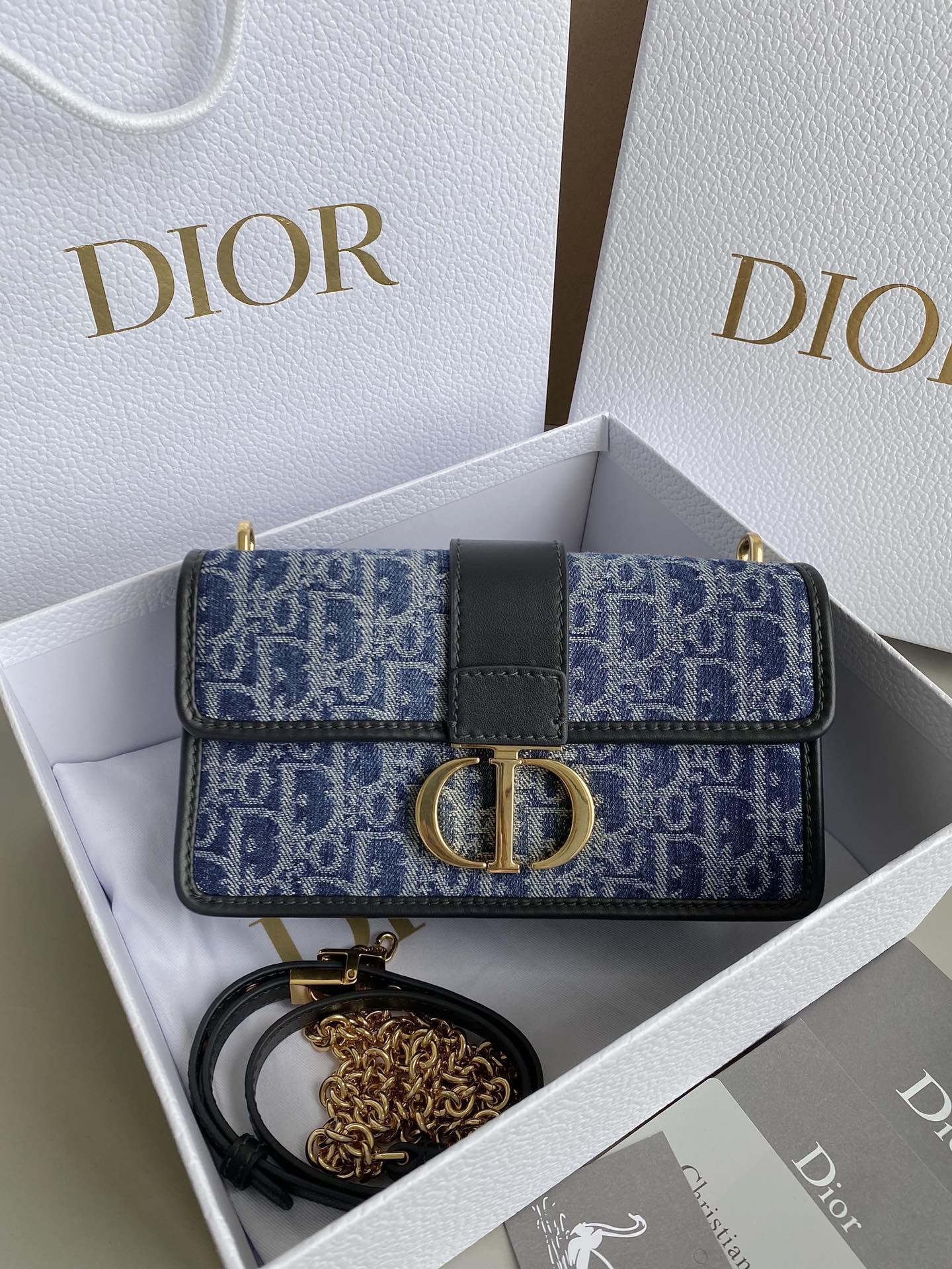 NIGO Dior 30 Montaigne East-West Women's Blue Adjustable Removable Shoulder Strap Flap Closure Jacquard Denim Shoulder Crossbody Bag Bags #nigo72158