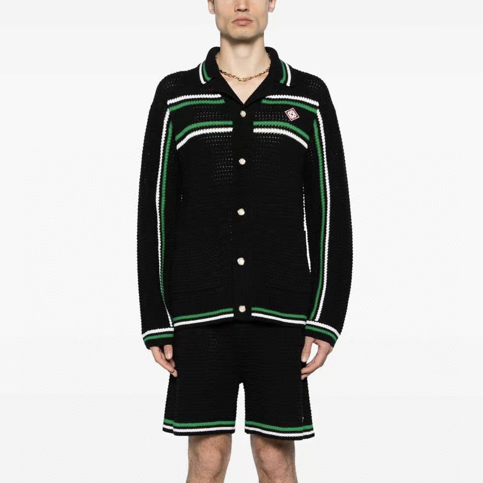 NIGO Casablanca Men's Spring And Summer Knitting Stripes Color Blocking Long-sleeved Knitted Sweater Single-breasted Cardigan Casual Knitted Shorts Set #nigo71324