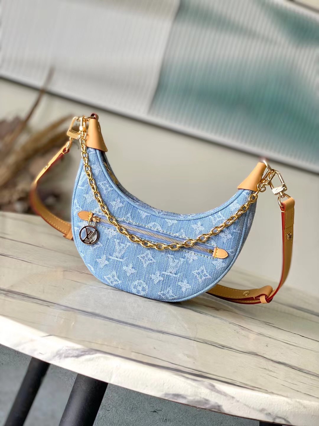 NIGO Loop Louis Vuitton Women's Blue Denim Aged Cowboy With Leather Crescent Tote Shoulder Bag Bags #nigo72165