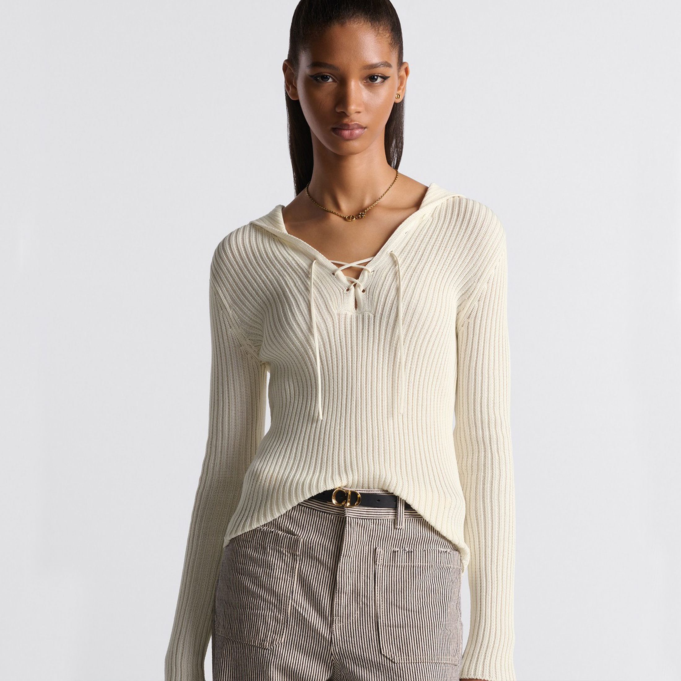 NIGO Dior Women's Spring, Autumn and Winter Dioriviera Solid Color Striped V-Neck Tie Casual Hooded Knit Sweater #nigo72181