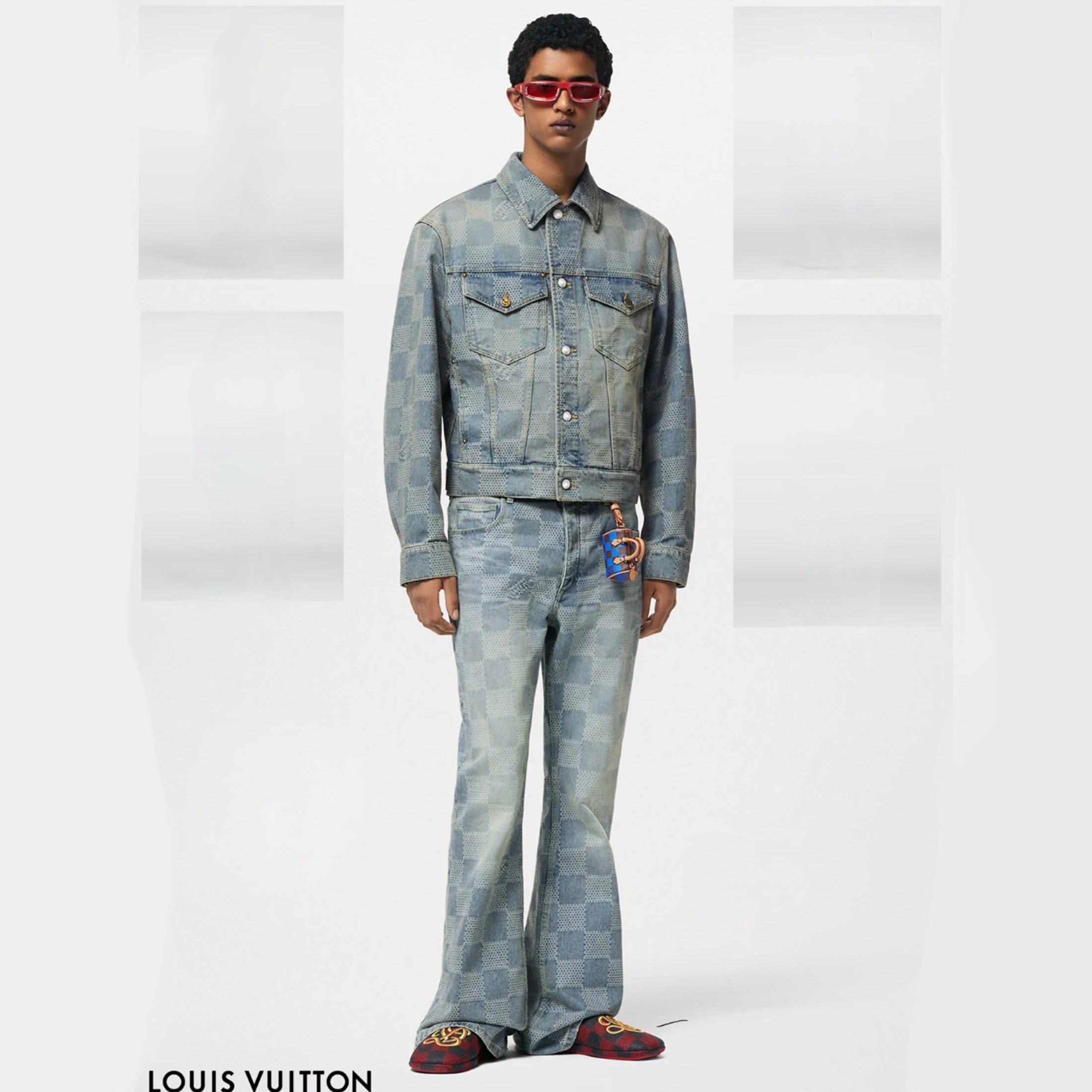 NIGO Louis Vuitton Men's Spring And Autumn Plaid Colorblocking Denim Lapel Jacket Vintage Gradient Pants Denim Suit #nigo72191