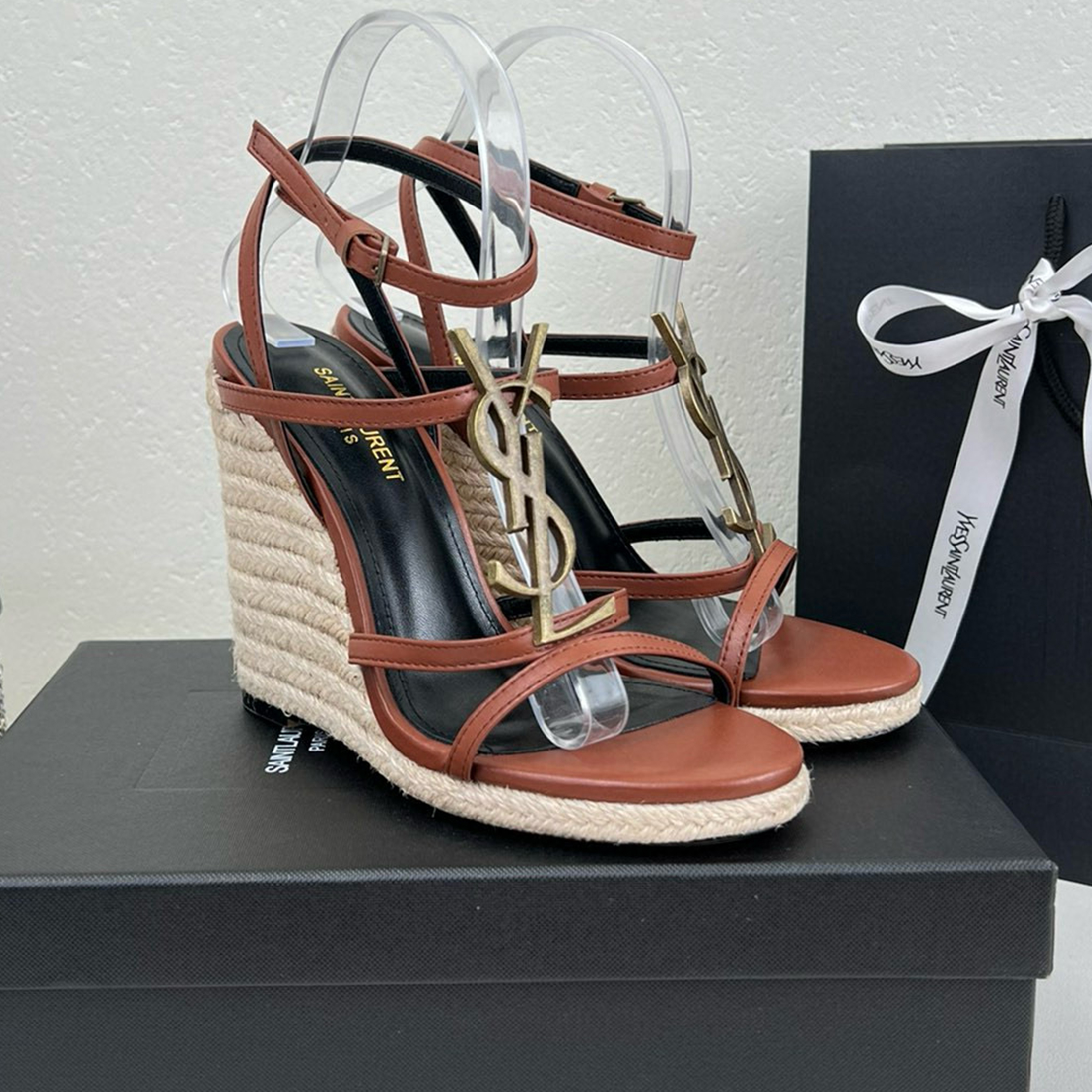 NIGO SAINT LAURENT Women's Summer Slope Heel Straw Sandals Metal Logo Strappy Shoes Cowhide Heels Shoes #nigo71296