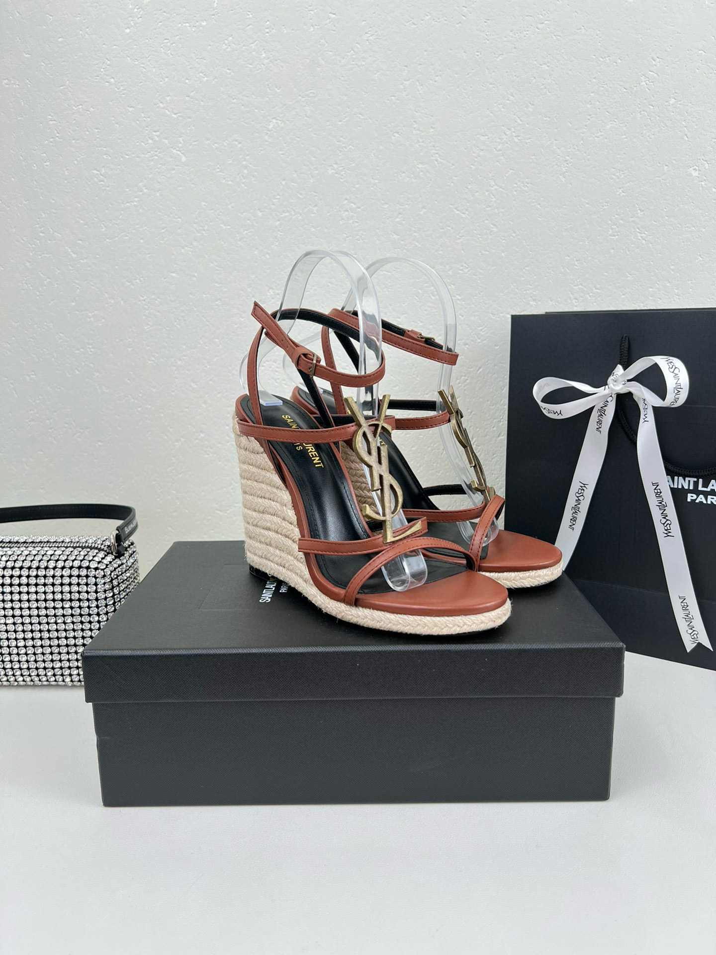 NIGO SAINT LAURENT Women's Summer Slope Heel Straw Sandals Metal Logo Strappy Shoes Cowhide Heels Shoes #nigo71296