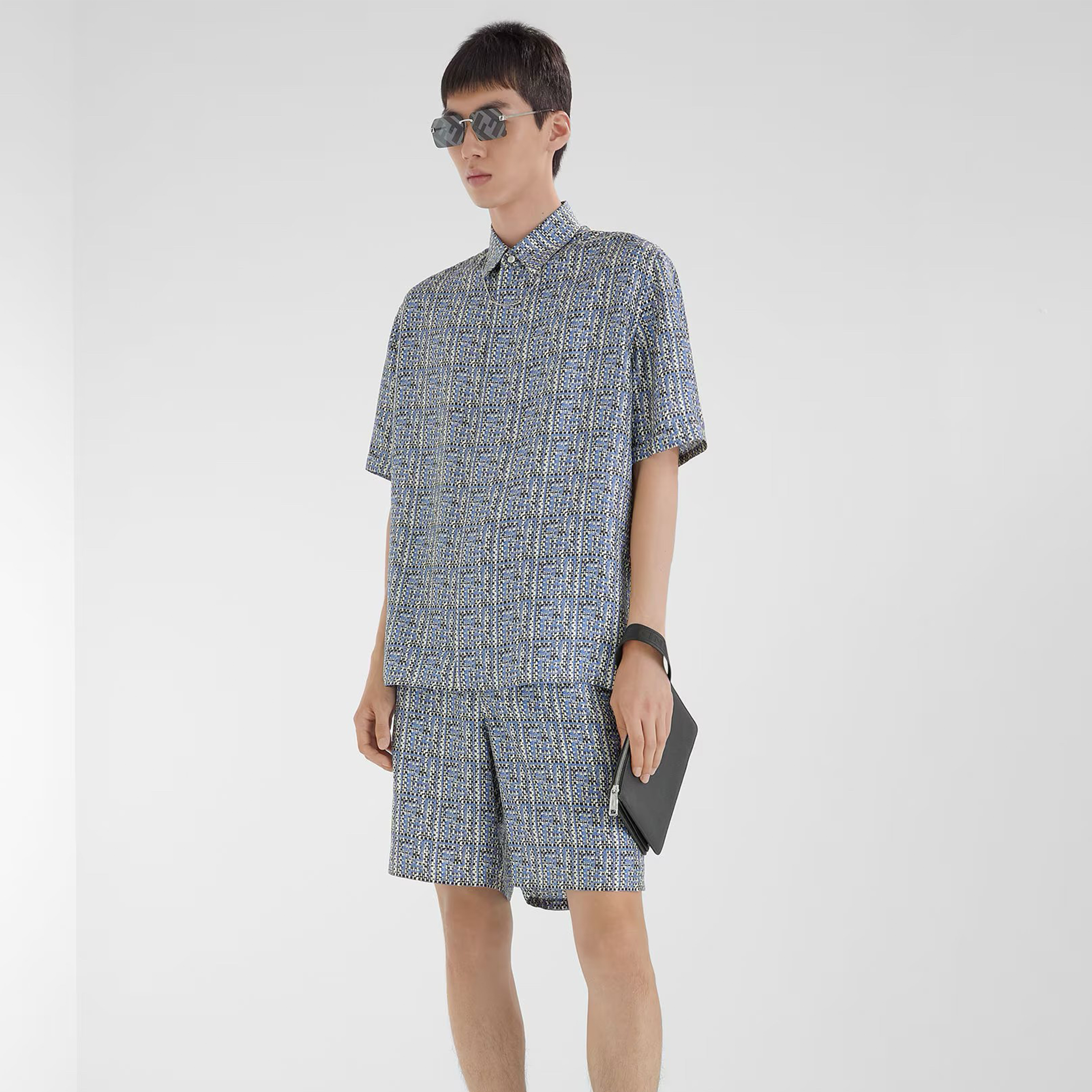 NIGO Fendi Men's Summer Blue Ff Full Print Single-Breasted Short-Sleeved Silk Shirt Casual Elastic Waist Fitted Shorts Ngvp #nigo8663