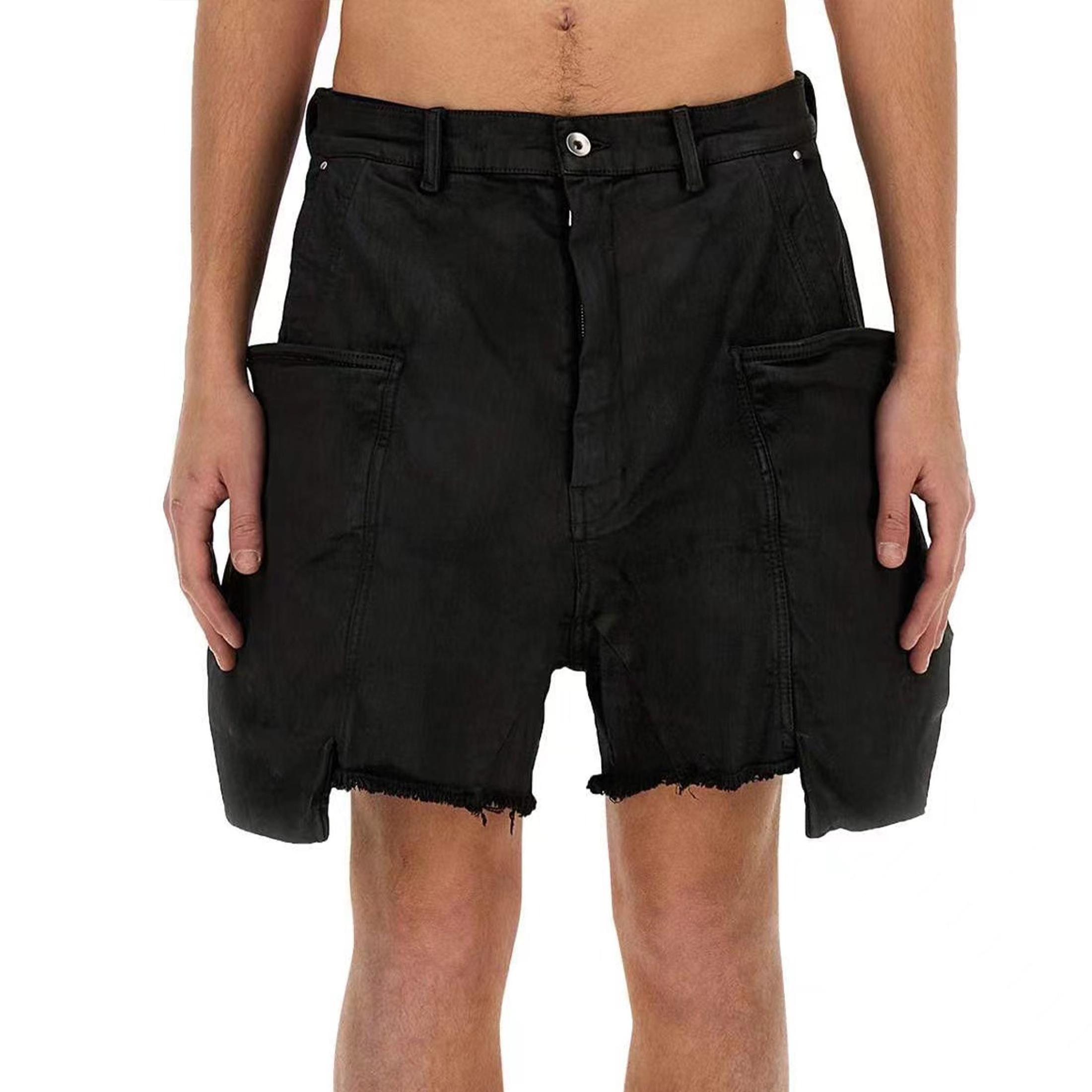 NIGO Rick Owens Men's Summer Mid Waist Zipper Loose Straight Waxed Casual Black Multi-Pocket Shorts Ngvp #nigo8661