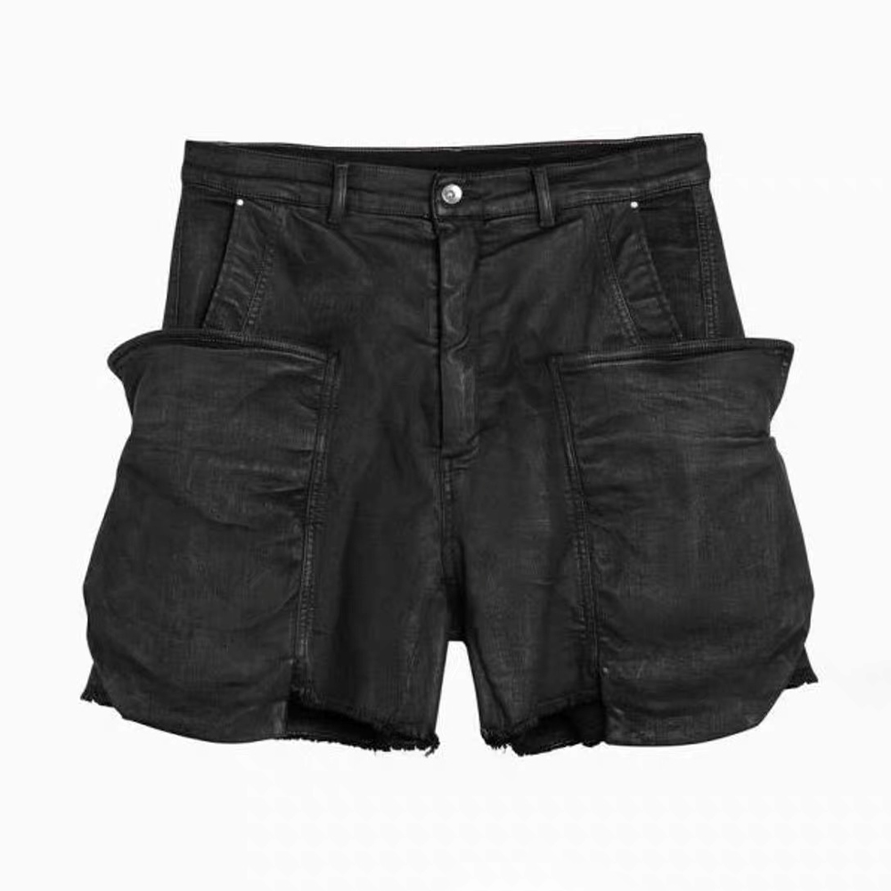 NIGO Rick Owens Men's Summer Mid Waist Zipper Loose Straight Waxed Casual Black Multi-Pocket Shorts Ngvp #nigo8661
