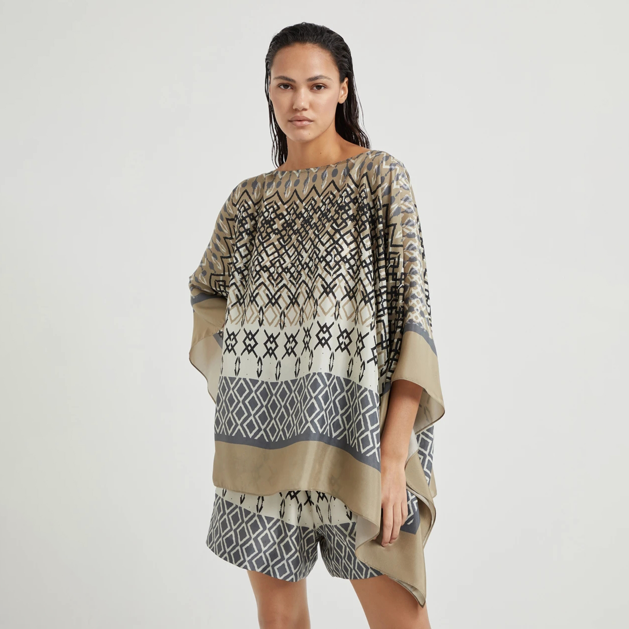 NIGO Brunello Cucinelli Women's Summer Ethnic Printed Silk Top Casual Loose Poncho pongée Cape Ngvp #nigo8666