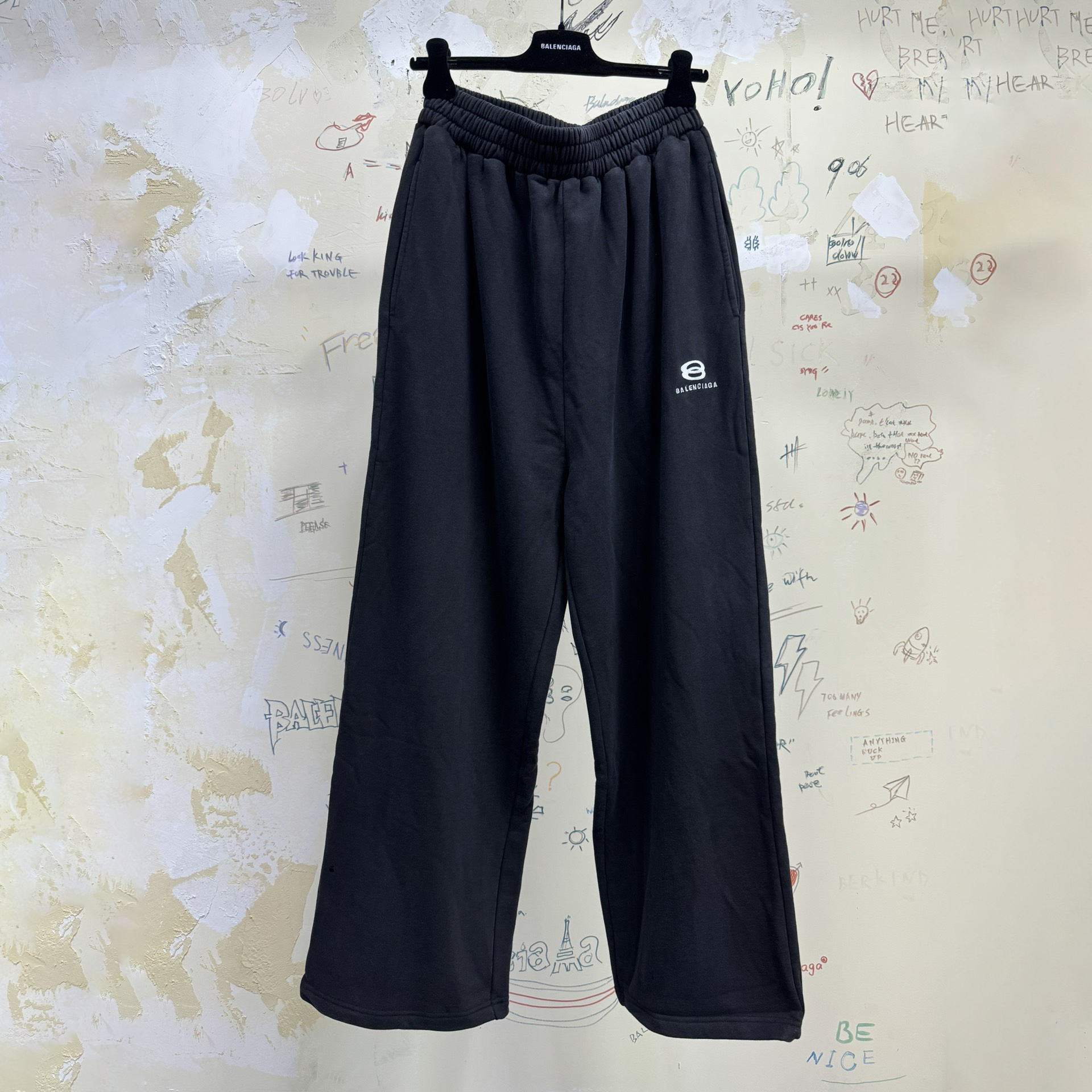 NIGO Balenciaga Men's Spring and Autumn Black Logo Printed Cotton Stretch Waistband Pants #nigo72237