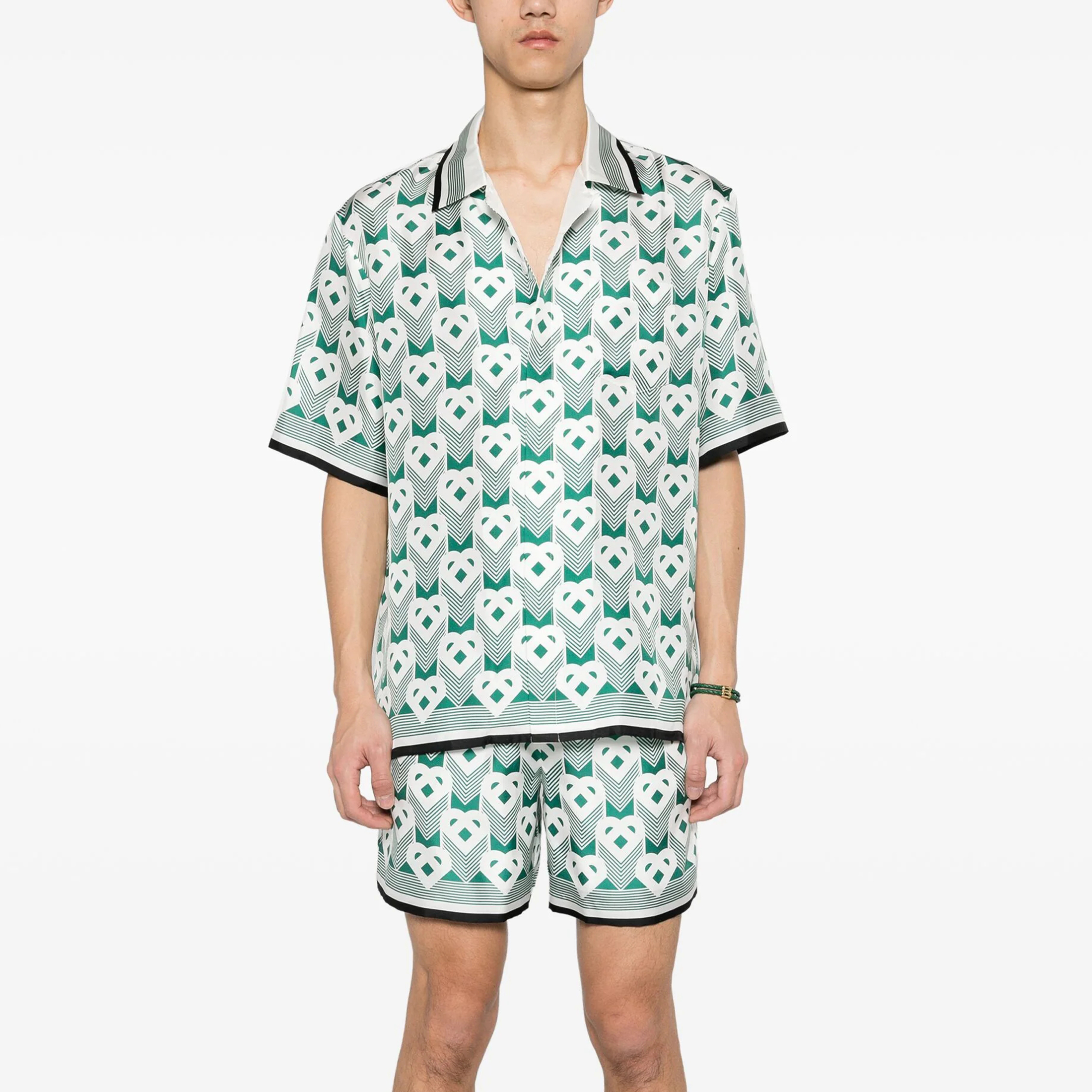 NIGO Casablanca Men's Summer Gradient Heart Printed Silk Short Sleeve Shirt Casual Elastic Lace-Up Shorts Ngvp #nigo8677