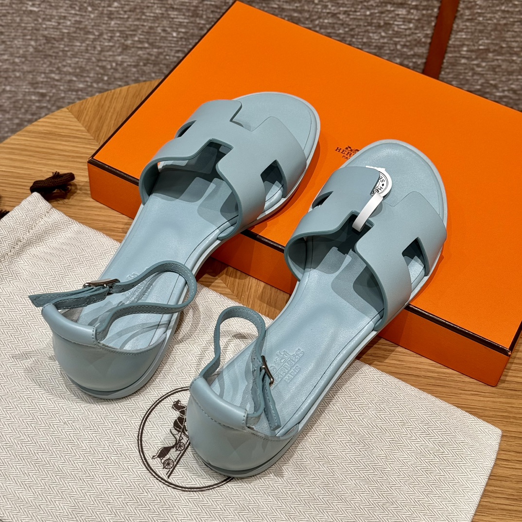 NIGO Hermes Santorini Women's Summer Solid Color Leather Flat Sandals Shoes #nigo72258