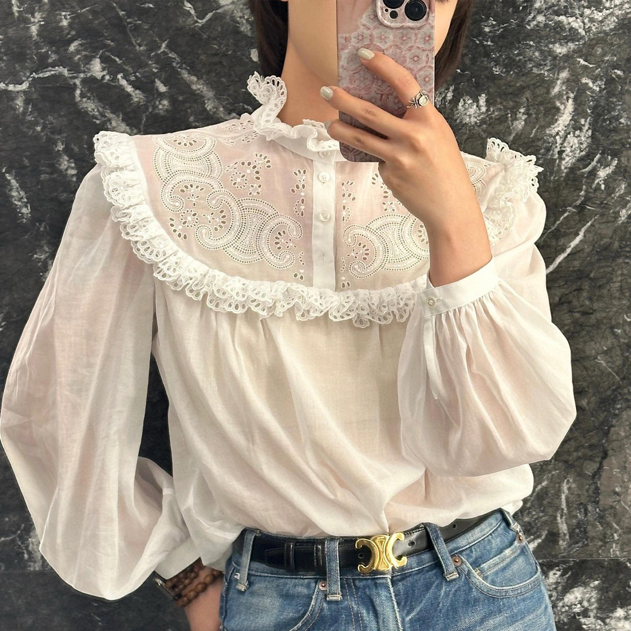 NIGO Celine Women's Spring And Autumn Solid Color High Collar Button Floral Hollow Lace Cotton Bubble Sleeve Shirt Ngvp #nigo8678