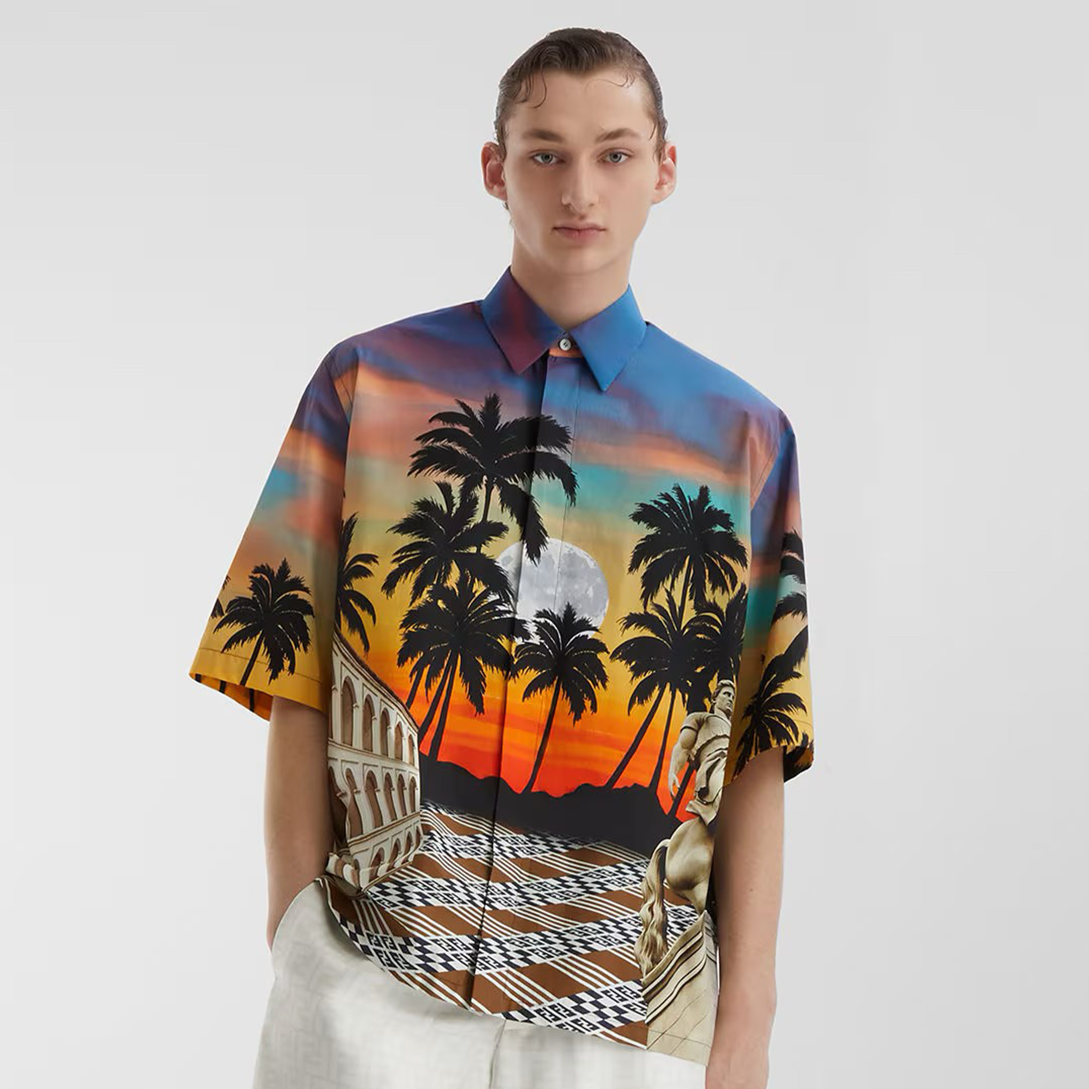 NIGO Fendi Men's Summer Colorblocking Pattern Printed Single Breasted Loose Cotton Short Sleeve Shirt Ngvp #nigo8679