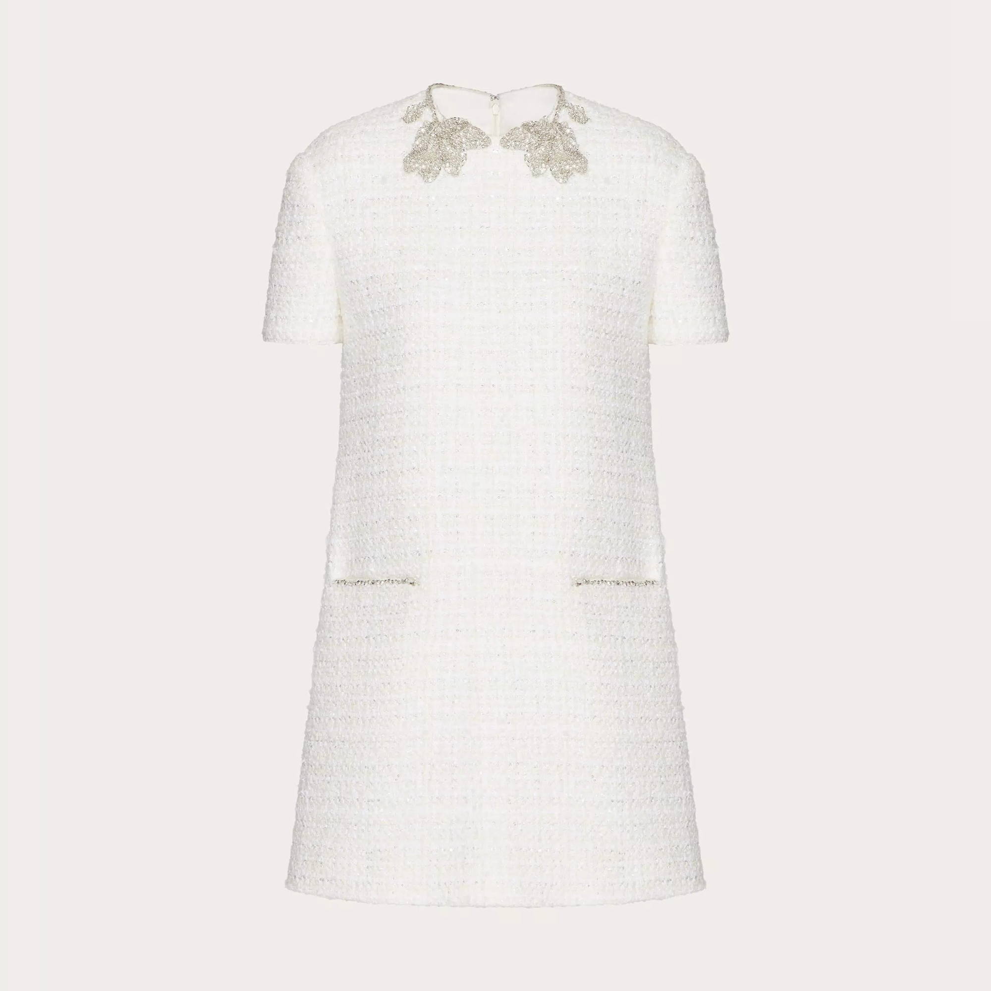NIGO Valentino Women's Summer Zipper Round Neck Tweed Embroidered White Short Fit Dress Ngvp #nigo8684
