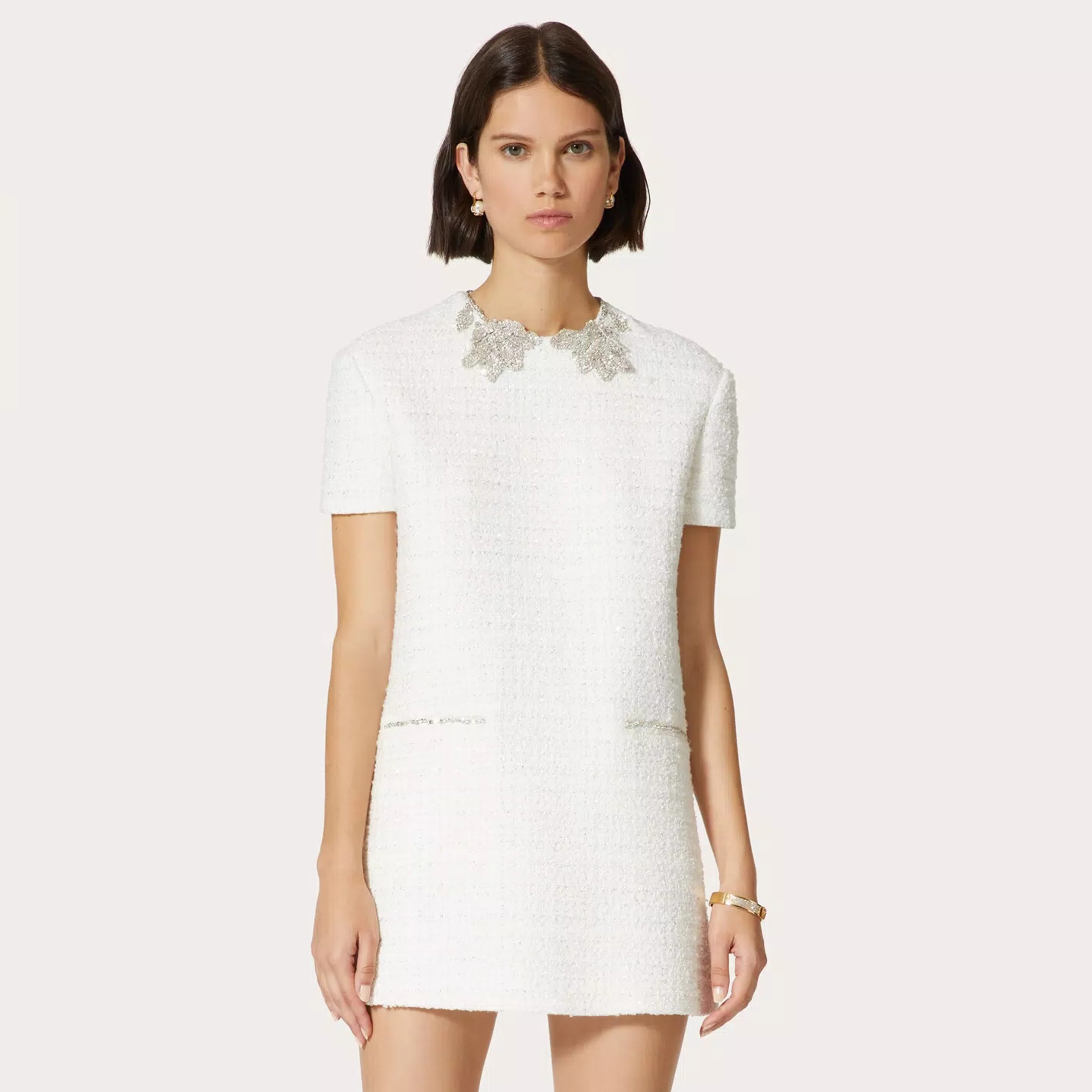 NIGO Valentino Women's Summer Zipper Round Neck Tweed Embroidered White Short Fit Dress Ngvp #nigo8684