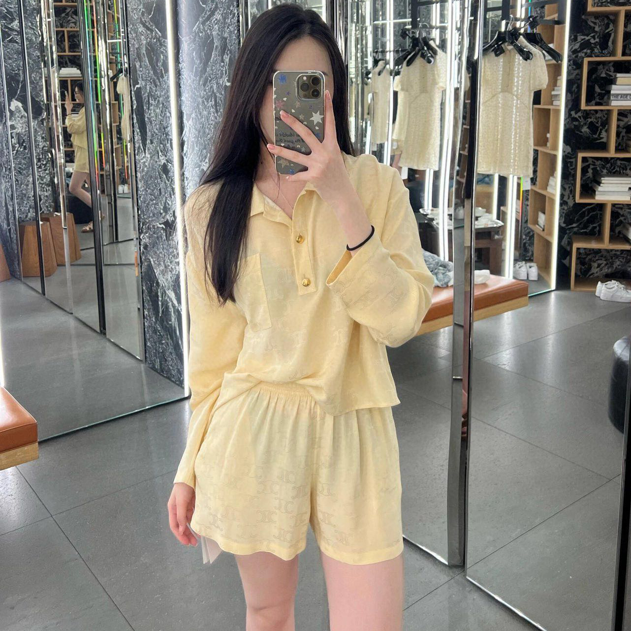 NIGO Celine Women's Solid Color Logo Pocket Loose Long Sleeve Polo Shirt Elastic Casual Shorts Set Suit #nigo72283