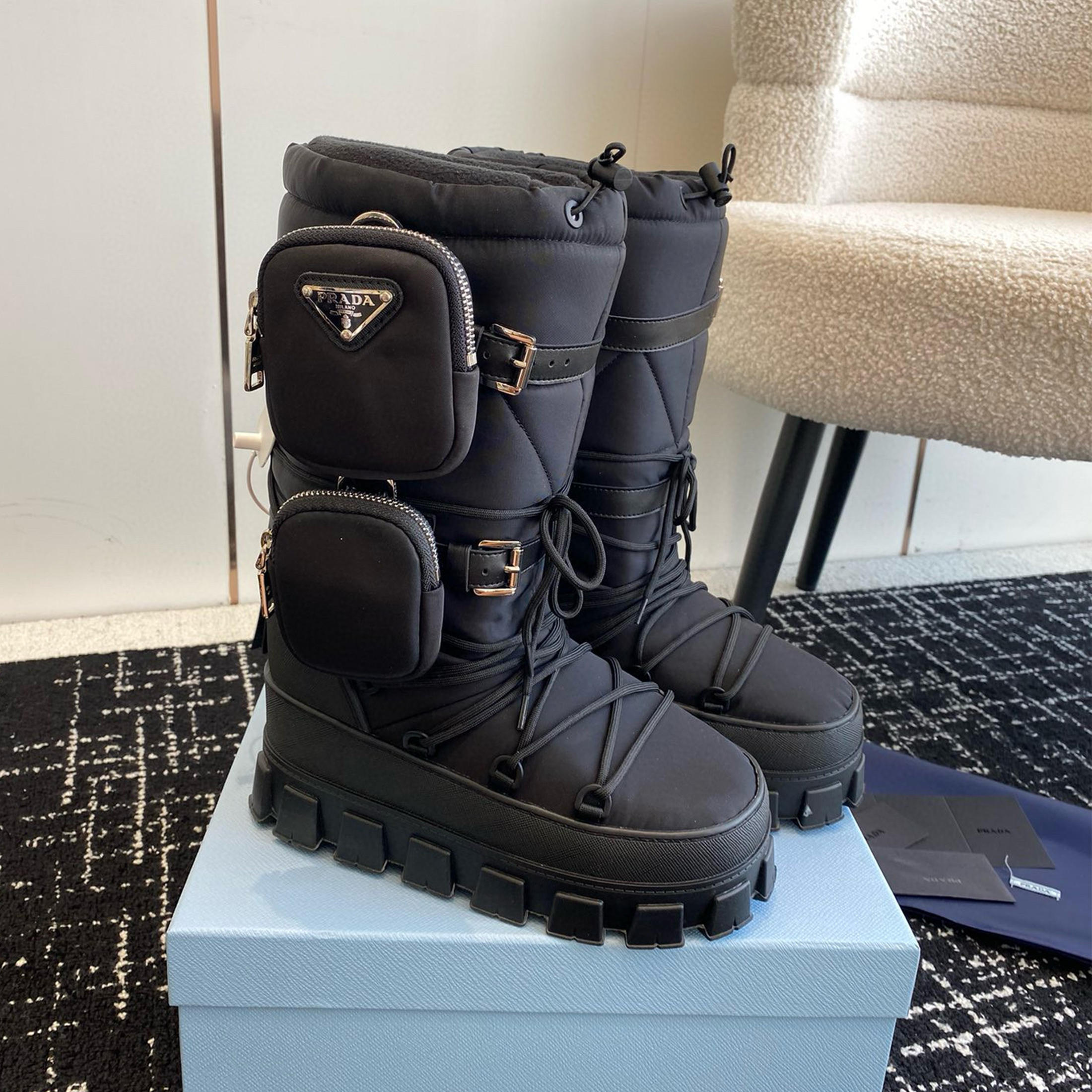NIGO Prada Women's Winter Logo Nylon Down Snow Boots Thickened Warm Thick Bottom Lacing Boots Shoes #nigo71336