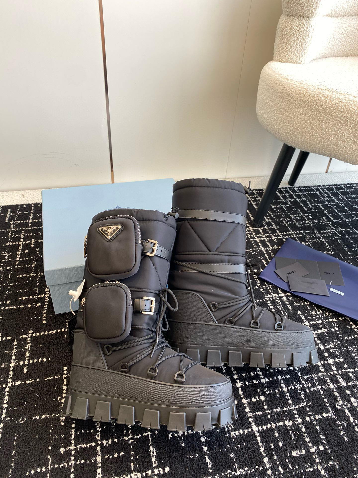 NIGO Prada Women's Winter Logo Nylon Down Snow Boots Thickened Warm Thick Bottom Lacing Boots Shoes #nigo71336