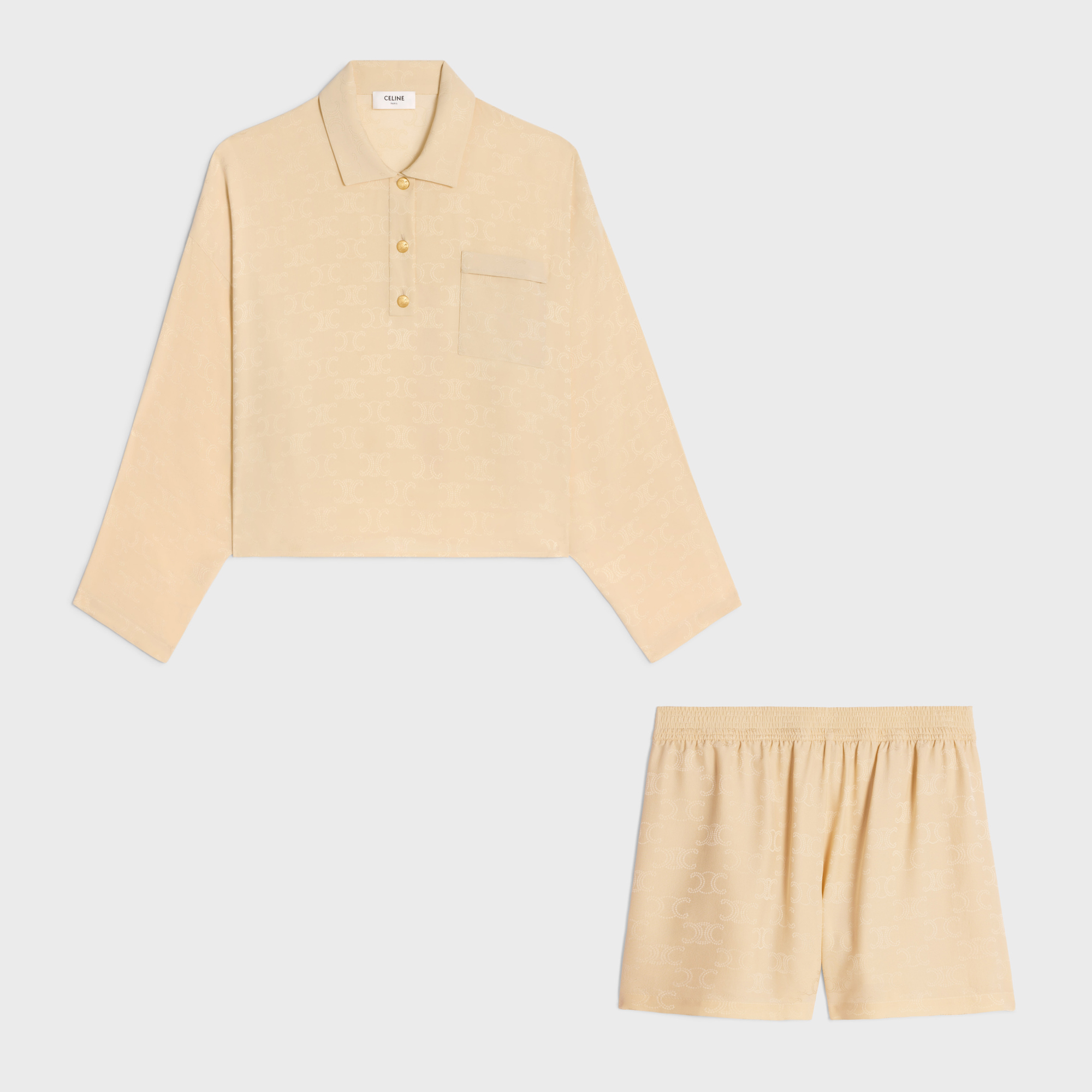 NIGO Celine Women's Solid Color Logo Pocket Loose Long Sleeve Polo Shirt Elastic Casual Shorts Set Suit #nigo72283