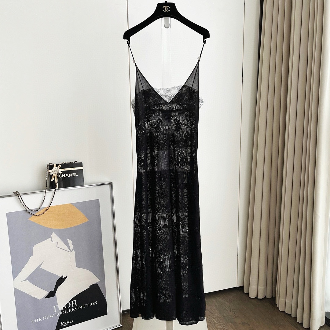 NIGO Chanel Women's Summer High Street Solid Color Lace Bow Jacquard Embroidery Sexy V-Neck Semi-Sheer Long Fitted Halter Dresses Ngvp #nigo8744