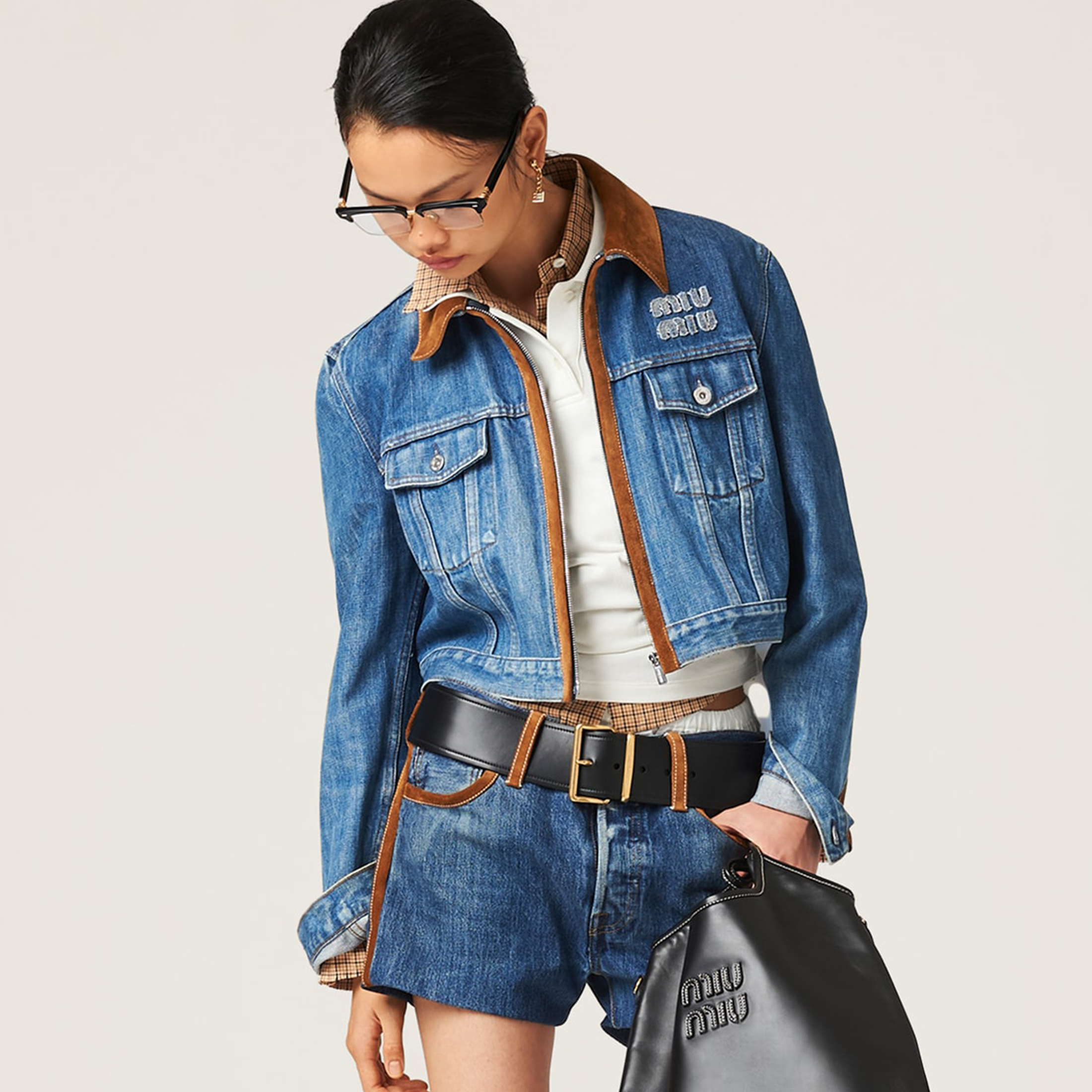 NIGO MiuMiu Women's Upcycled Spring And Fall Tannin Short Denim Jacket Colorblocking Slim Washed Cotton Casual Single Breasted Jacket #nigo72322