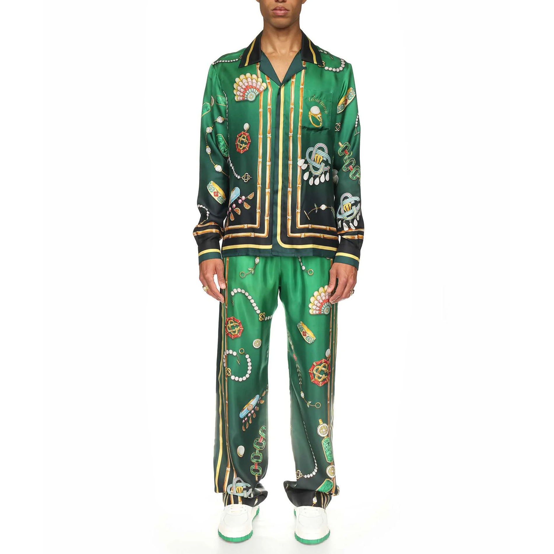 NIGO Casablanca Men's Summer Green Pattern Printed Single Breasted Long Sleeve Shirt Loose Wide Leg Casual Pants Set Suit #nigo72295