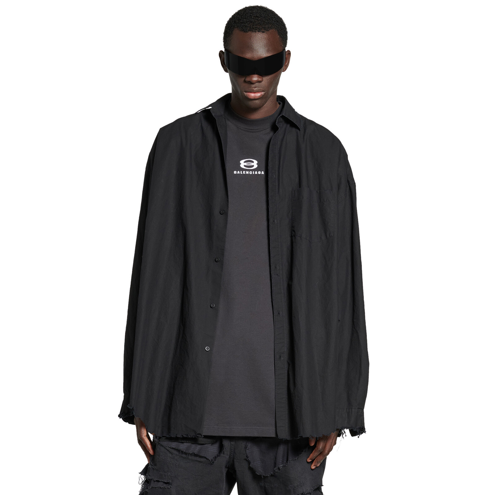 NIGO Balenciaga Men’s Unity Sports Icon Layered Shirt Oversized In Black Cotton Poplin And Vintage Jersey Shirt #nigo72293