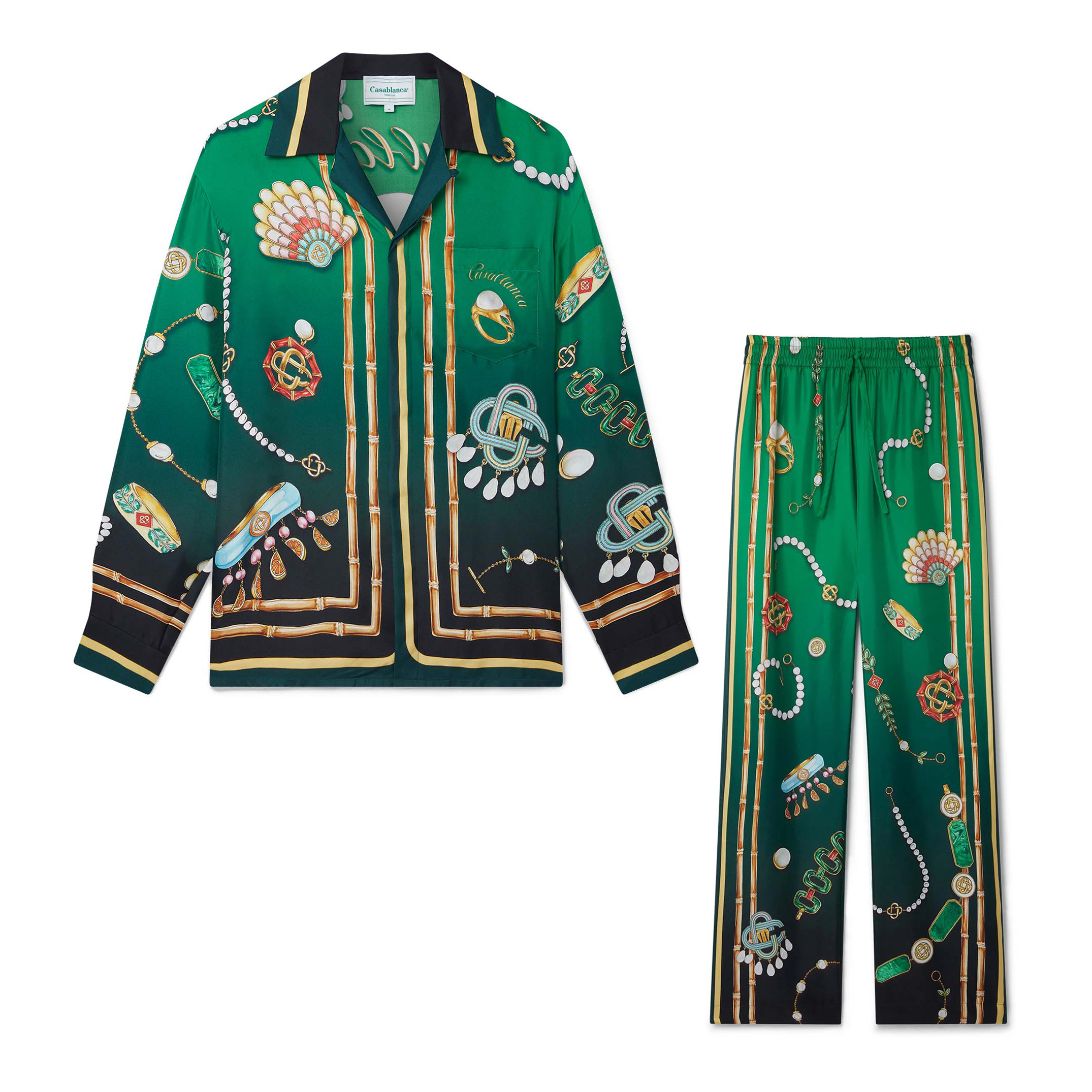 NIGO Casablanca Men's Summer Green Pattern Printed Single Breasted Long Sleeve Shirt Loose Wide Leg Casual Pants Set Suit #nigo72295