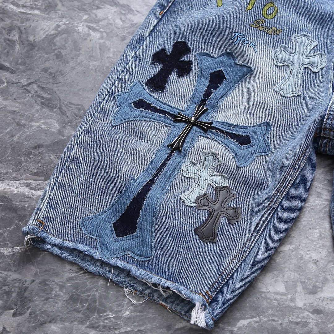 NIGO Chrome Hearts Men's Summer Cross Embroidered Straight Casual Solid Color Washed Denim Shorts #nigo72326