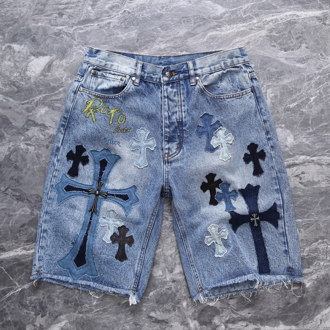 NIGO Chrome Hearts Men's Summer Cross Embroidered Straight Casual Solid Color Washed Denim Shorts #nigo72326