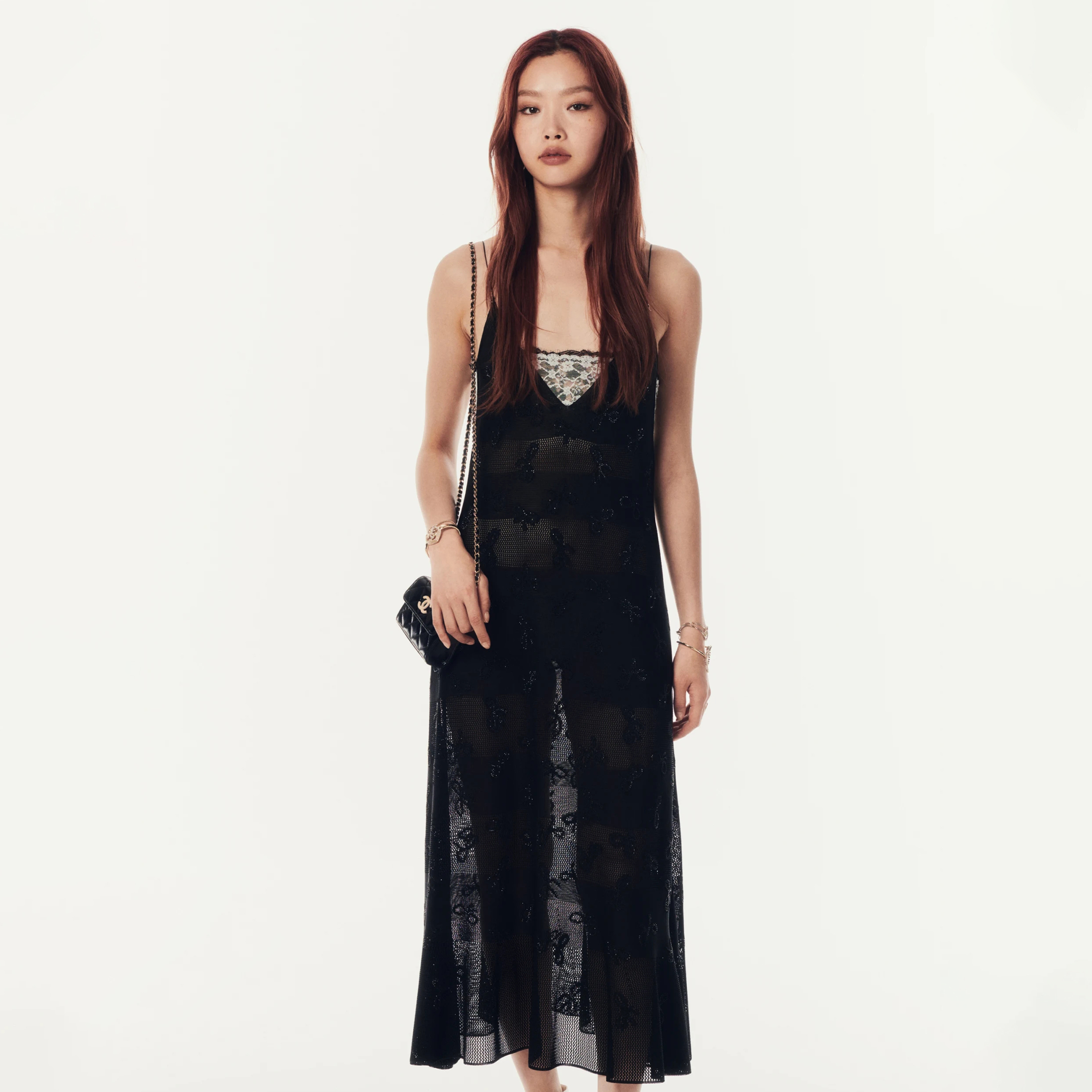 NIGO Chanel Women's Summer High Street Solid Color Lace Bow Jacquard Embroidery Sexy V-Neck Semi-Sheer Long Fitted Halter Dresses Ngvp #nigo8744