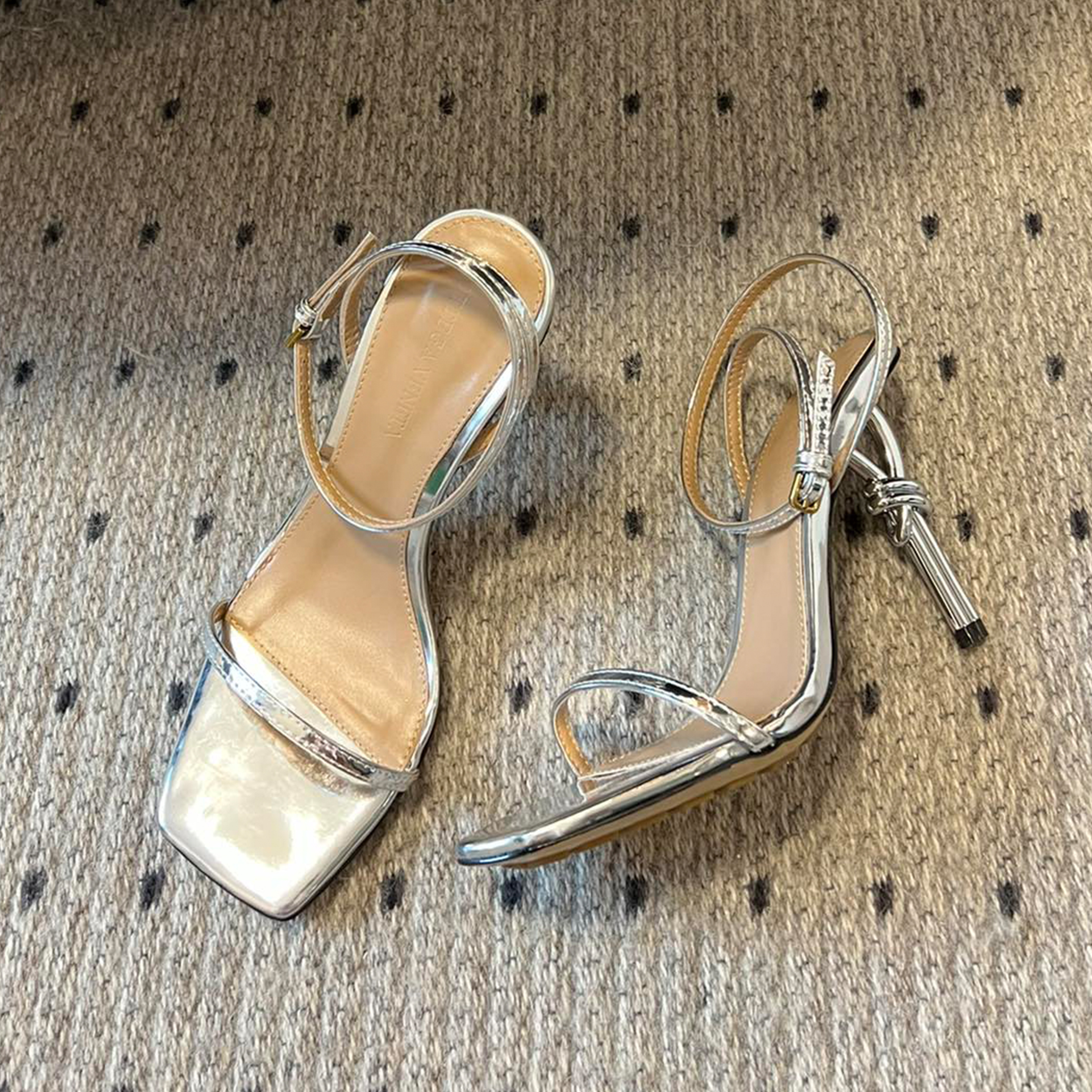 NIGO Bottega Veneta Women's Sandali Knot Woven Metallic Silver Heels Sheepskin Square Toe Sandals Temperament Shoes #nigo71339