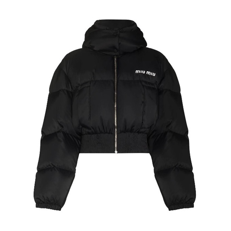 NIGO MiuMiu Women's Fall and Winter Black Logo Printed Fluffy Shorts Down Hooded Zipper Long Sleeve Jacket #nigo72333