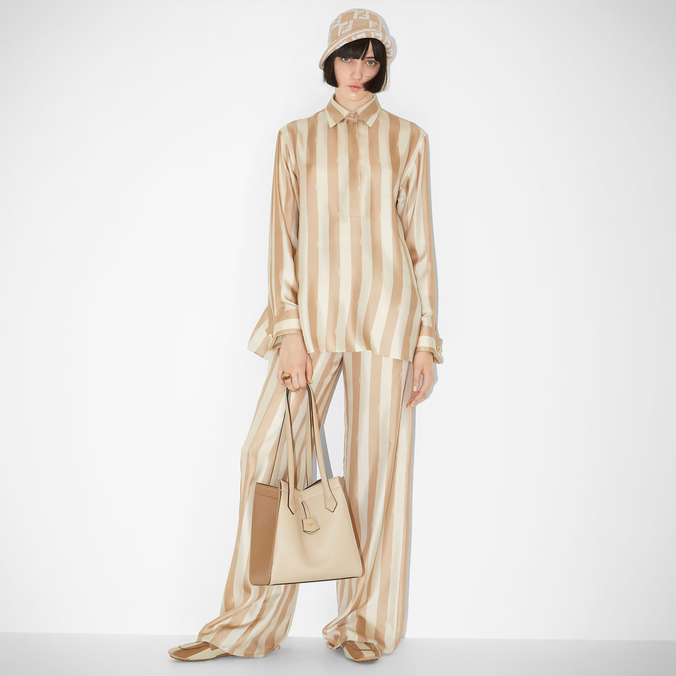 NIGO Fendi Women's Spring Summer Autumn Beige Pequin Stripe Pattern Silk Shirt Colorblocking Short Short Sleeve Shirt Elastic Waist Straight Casual Loose Pants Ngvp #nigo8732