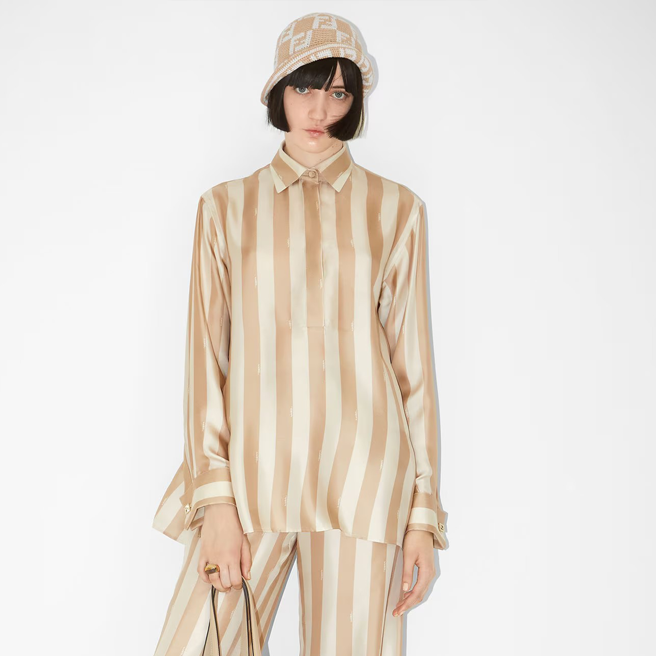 NIGO Fendi Women's Spring Summer Autumn Beige Pequin Stripe Pattern Silk Shirt Colorblocking Short Short Sleeve Shirt Elastic Waist Straight Casual Loose Pants Ngvp #nigo8732