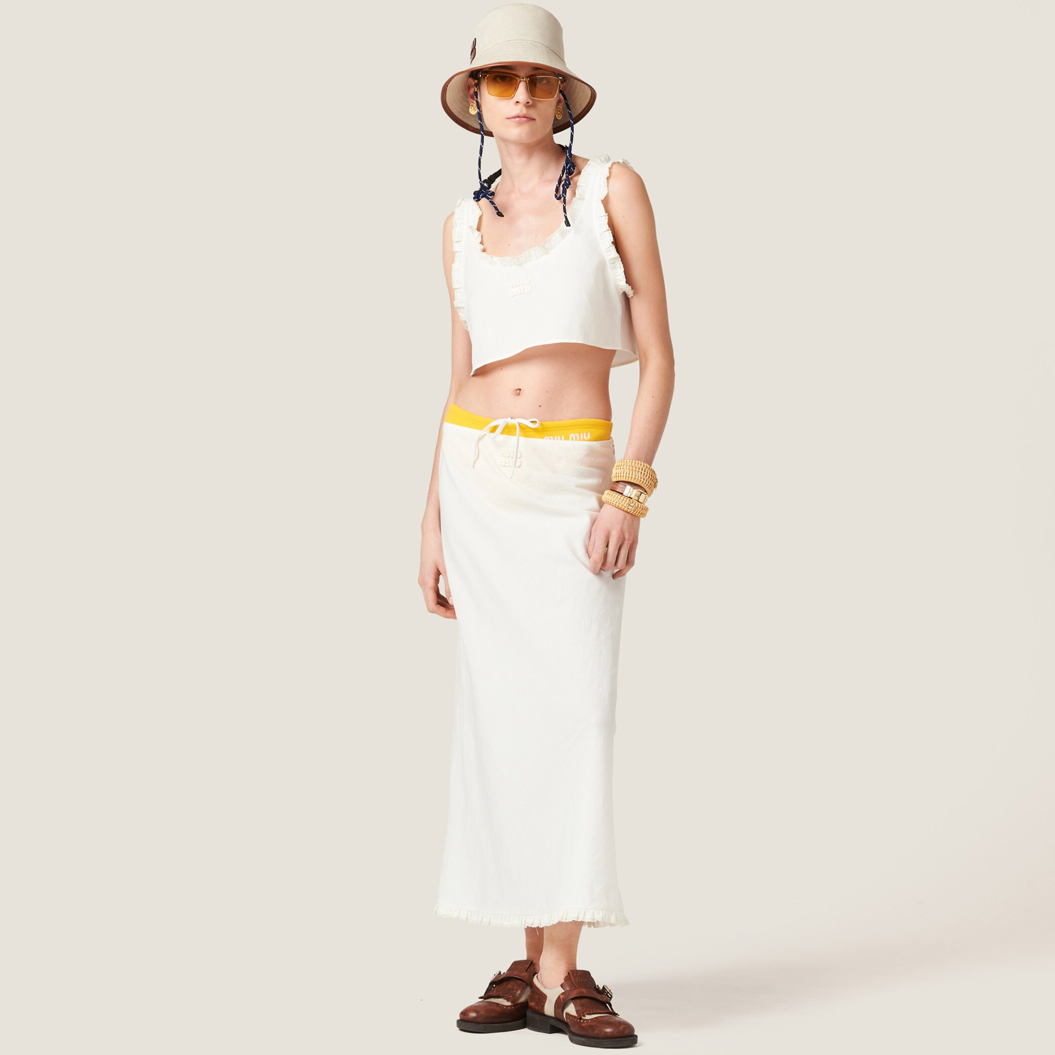 NIGO MiuMiu Women's Summer White Round Neck Short Sleeveless Vest Embroidered Logo Casual Long Dresses Skirt Set Suit #nigo72317