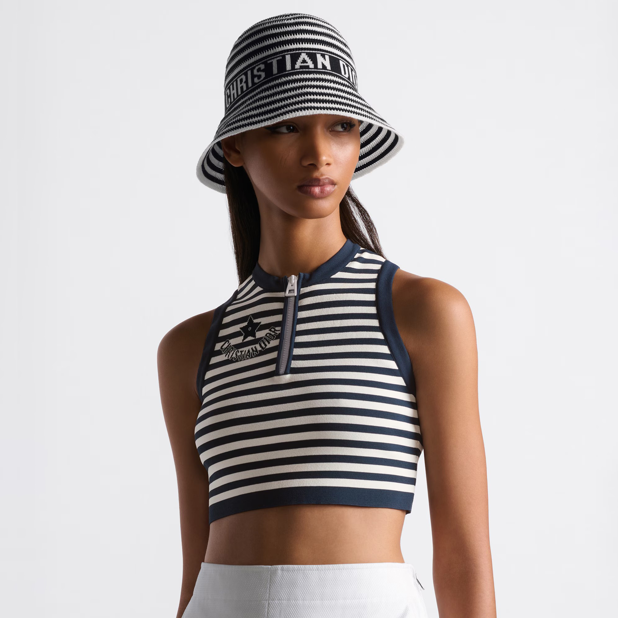 NIGO Dior Women's Summer Striped Logo Round Neck Half Zipper Shorts Knit Tank Top #nigo72318