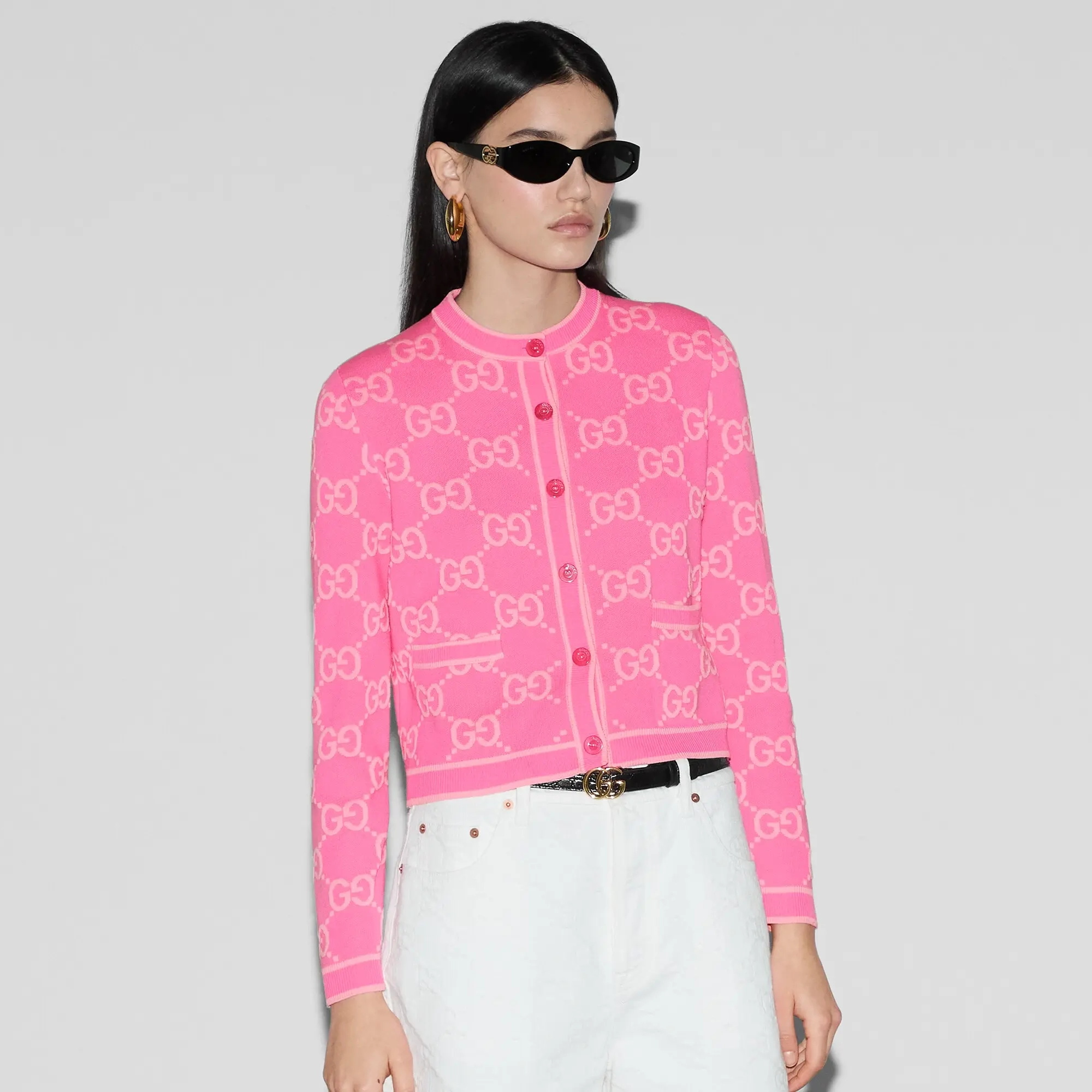 NIGO Gucci Women's Spring and Autumn Pink Logo Pattern Round Collar Single Breasted Long Sleeve Knit Jacket Cardigan #nigo72334