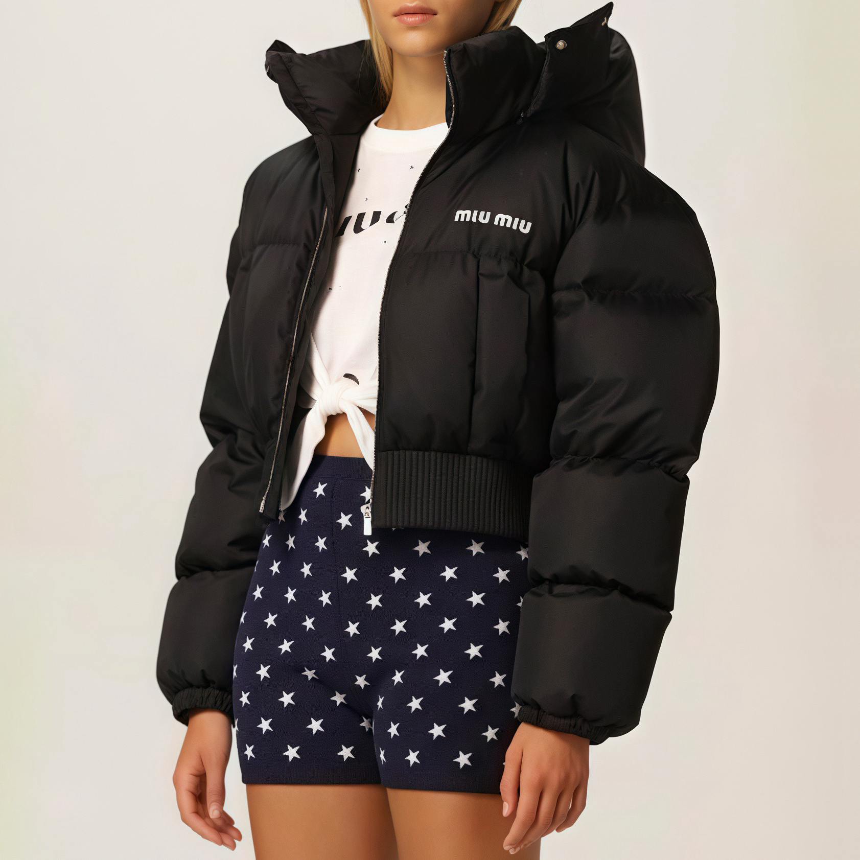 NIGO MiuMiu Women's Fall and Winter Black Logo Printed Fluffy Shorts Down Hooded Zipper Long Sleeve Jacket #nigo72333